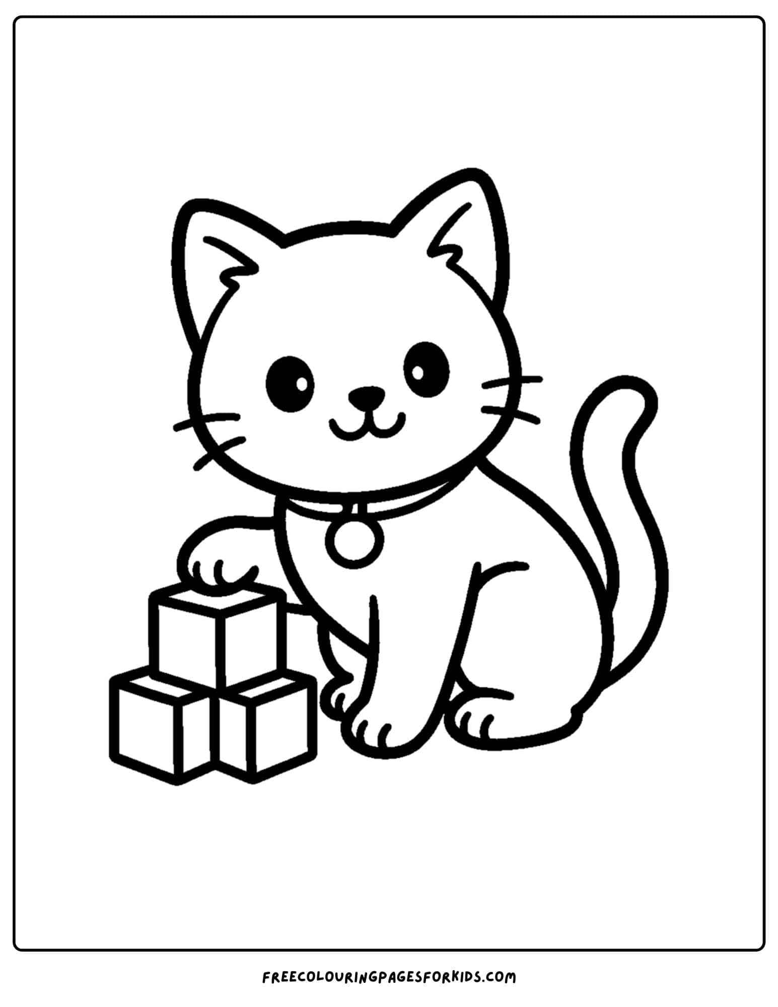 a cat themed coloring page featuring a cat playing with blocks