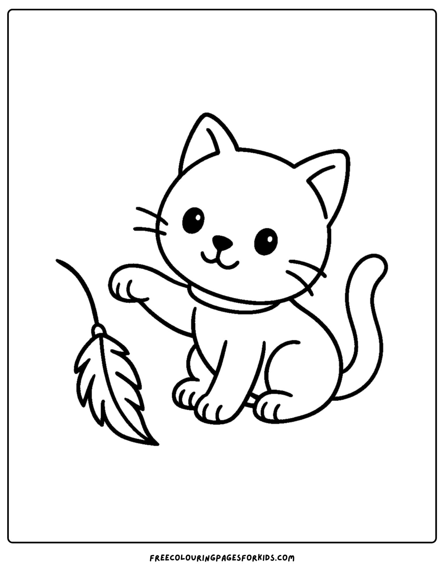 a cat themed coloring page featuring a cat playing with a feather