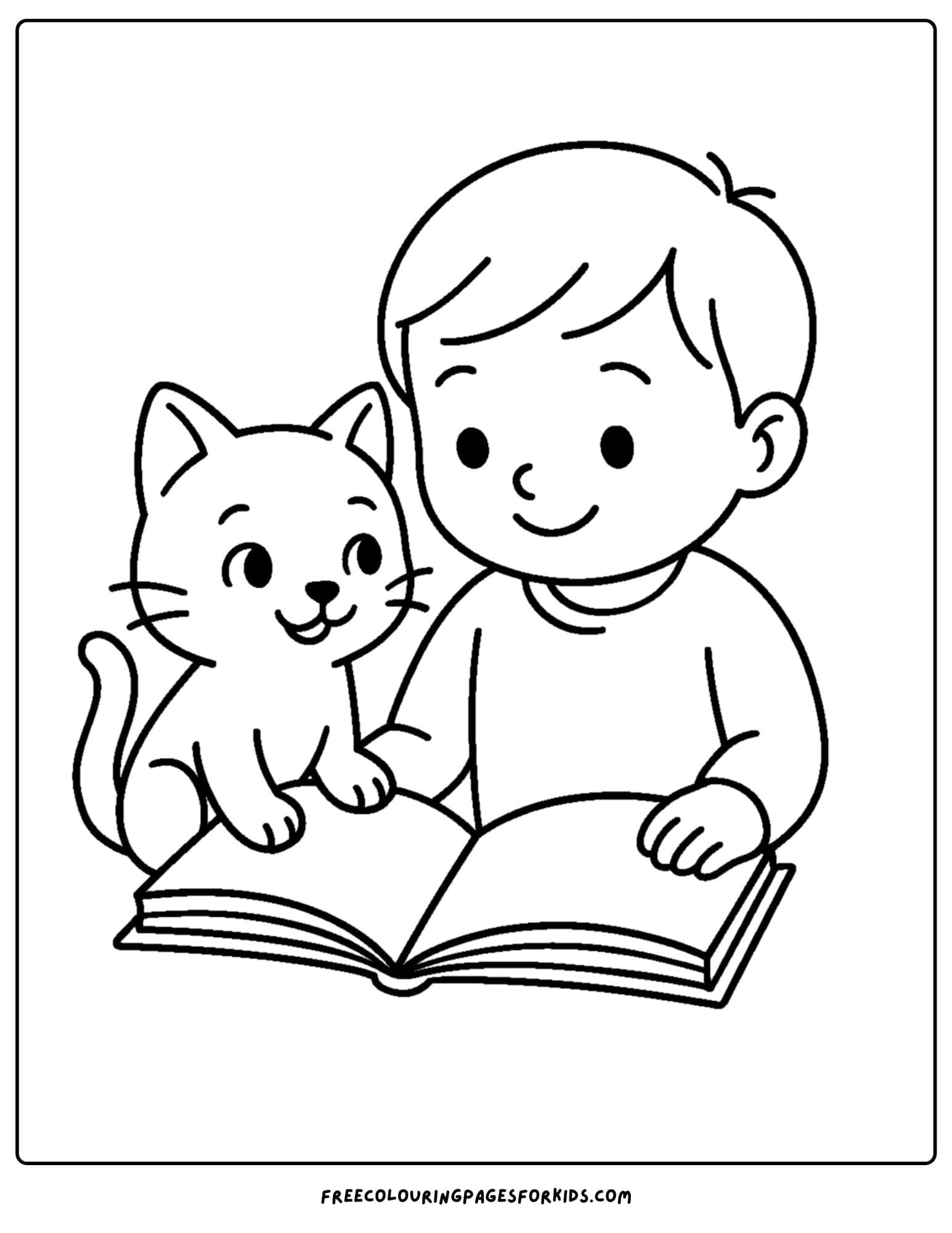 a cat themed coloring page featuring a cat sitting with a child reading a book