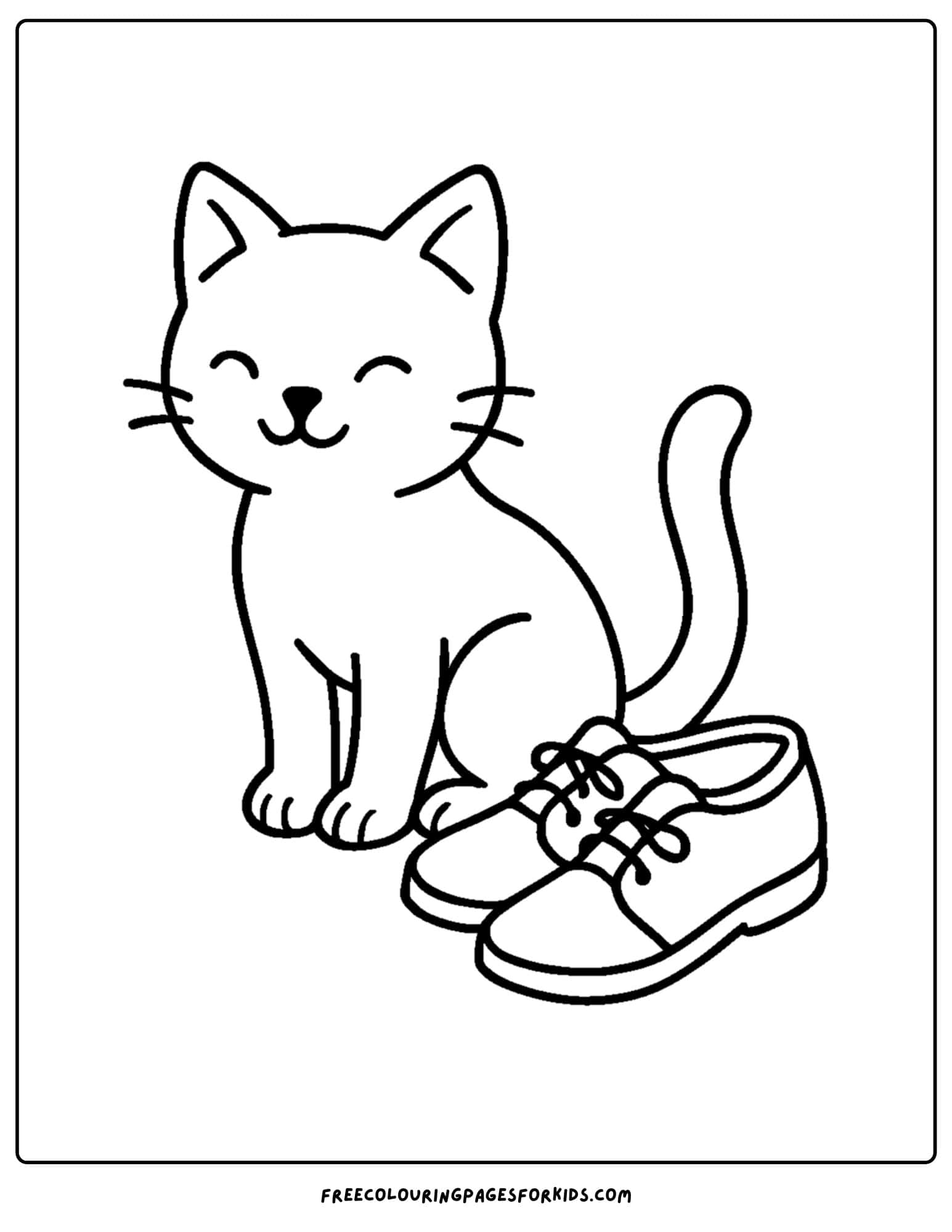 a cat themed coloring page featuring a cat sitting next to some shoes