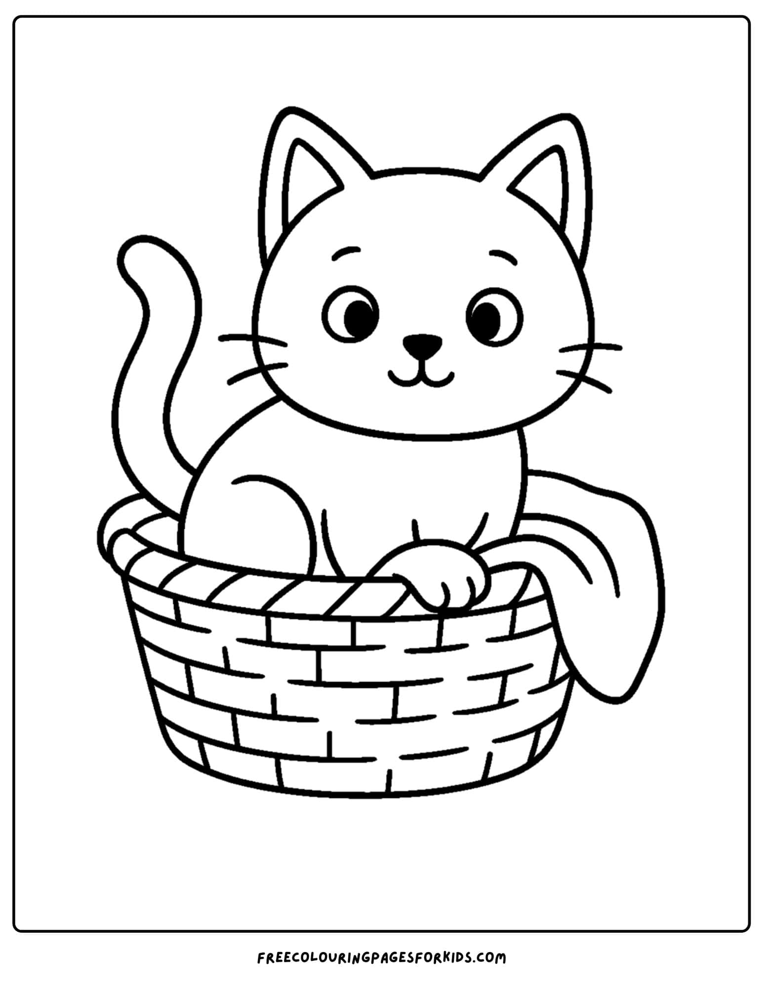 a cat themed coloring page featuring a cat sitting in a basket with a blanket