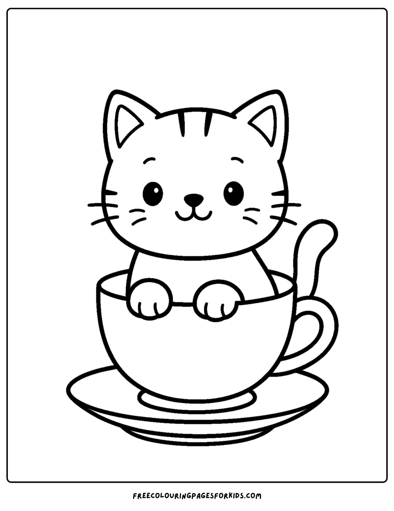 a cat themed coloring page featuring a cat sitting in a tea cup