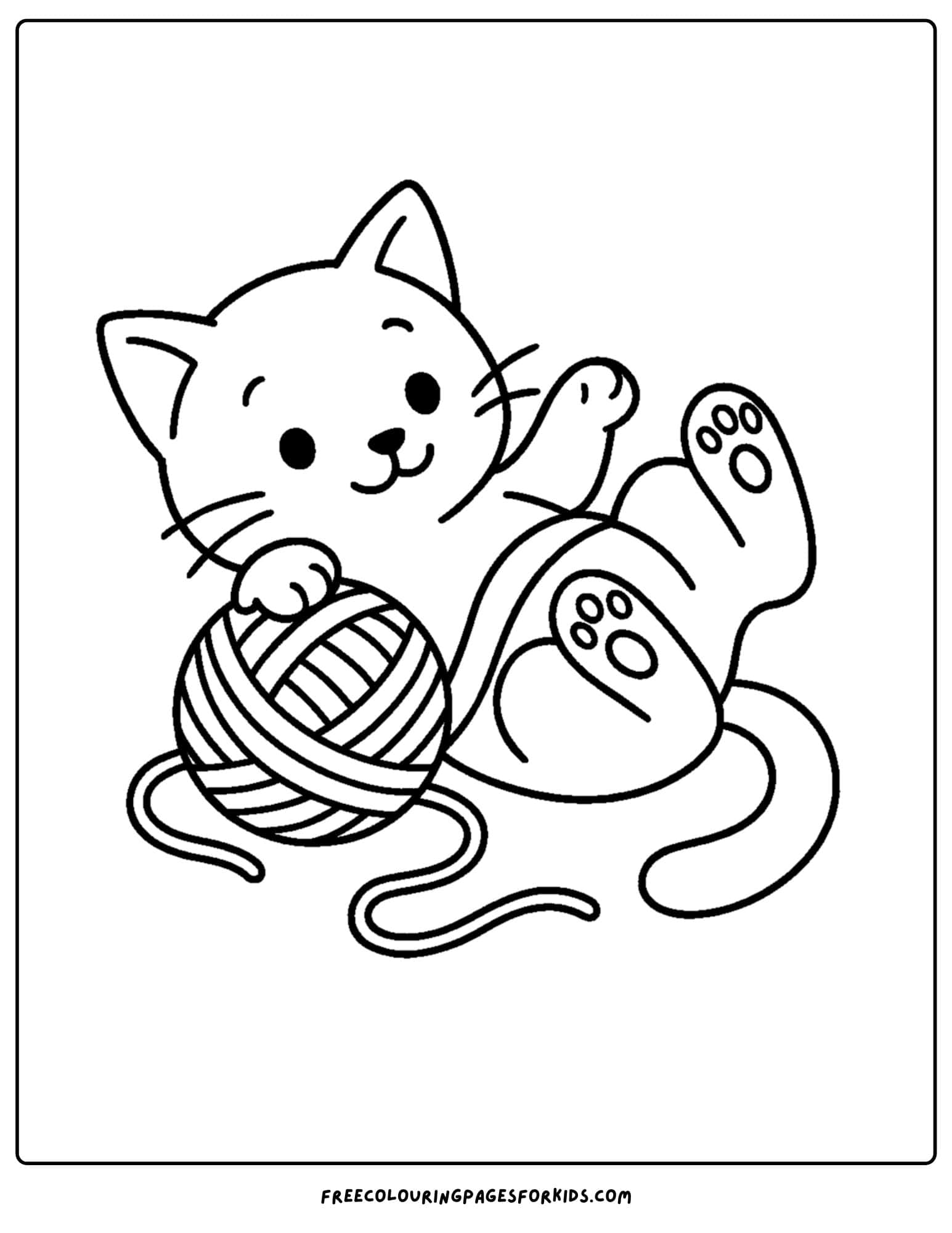 a cat themed coloring page featuring a cat tangled in a ball of yarn