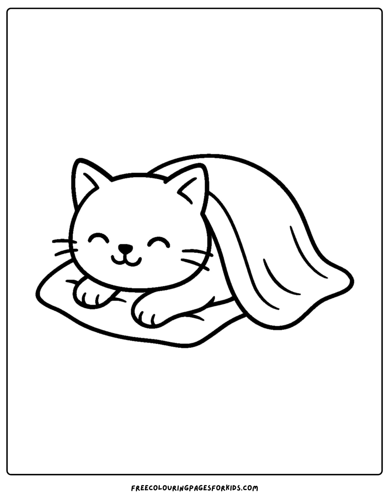 a cat themed coloring page featuring a cat sleeping on a pillow and under a blanket