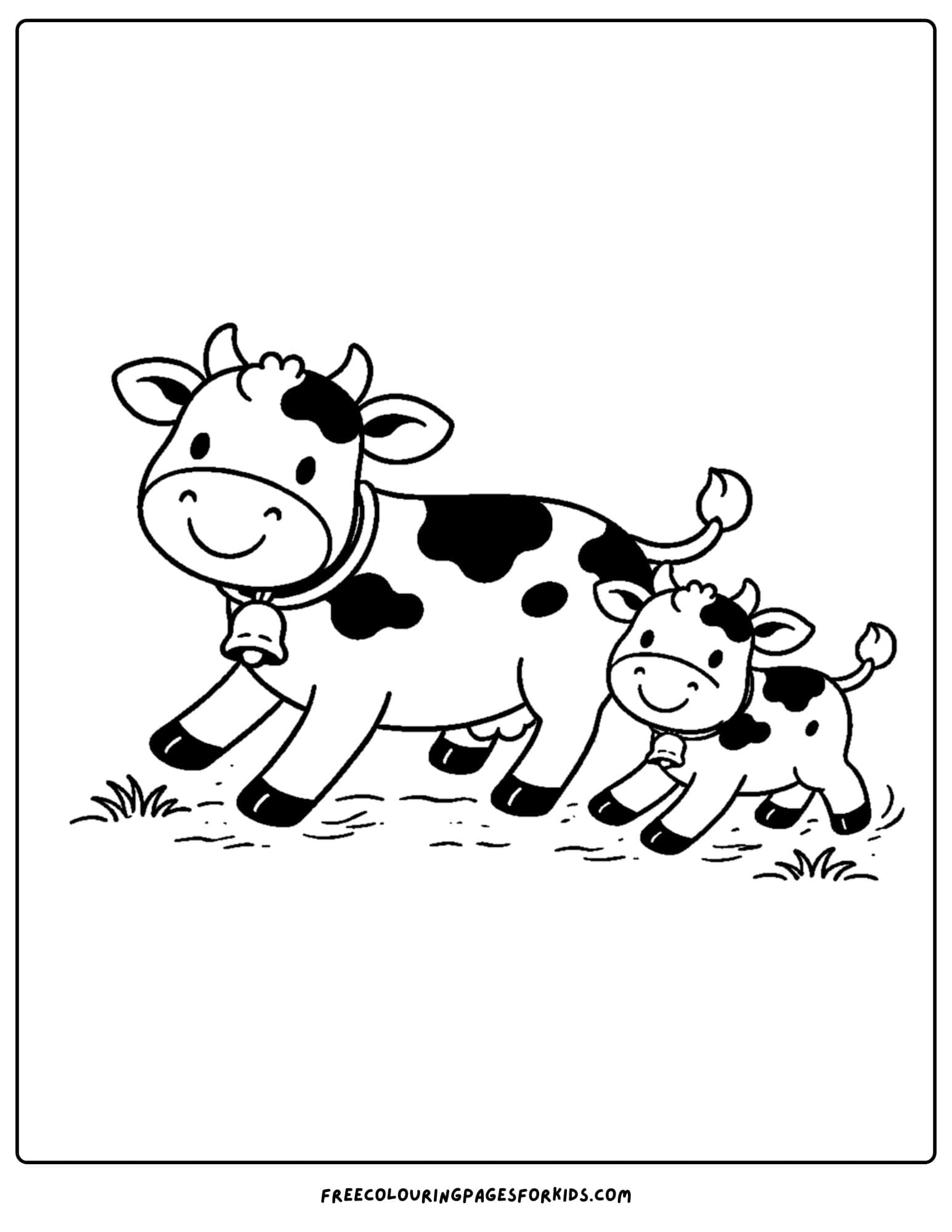 a kids cow coloring page featuring a cow trotting with a calf