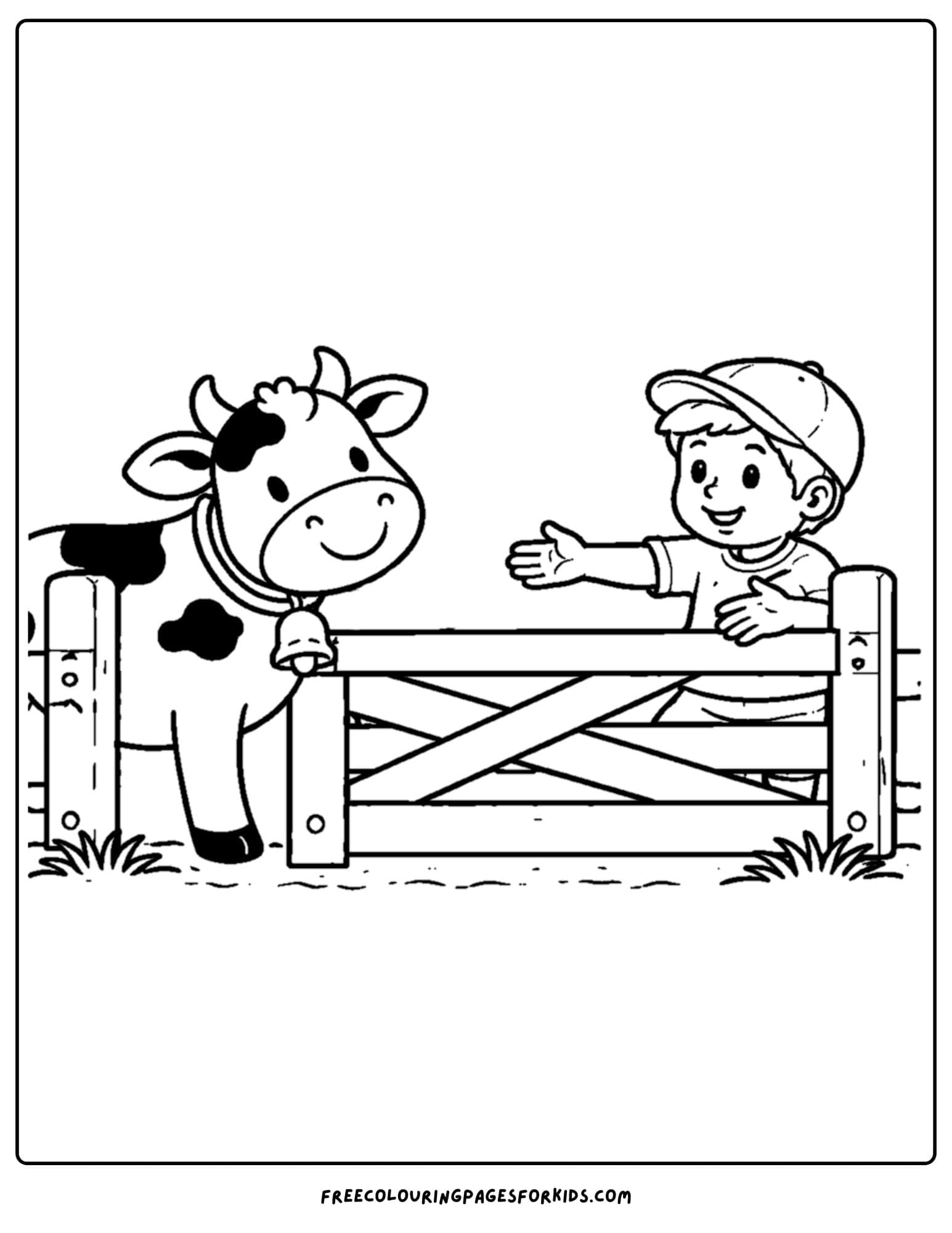 a kids cow coloring page featuring a cow being let through the gate by a child