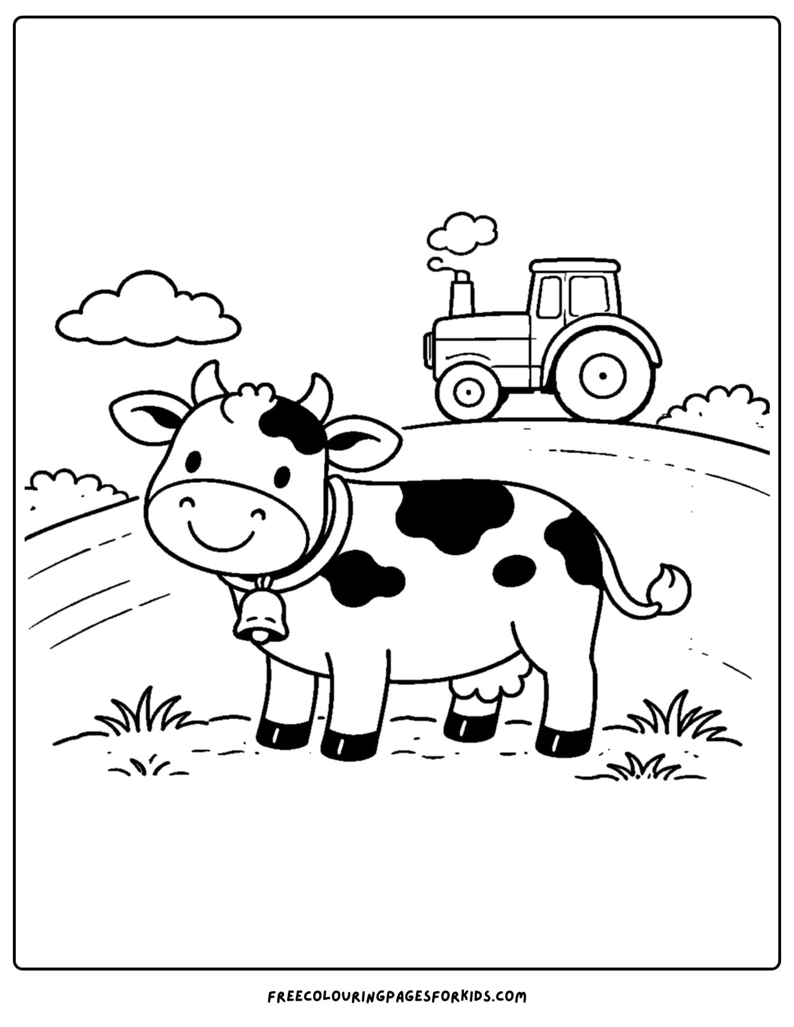 a kids cow coloring page featuring a cow in a field with a tractor behind it