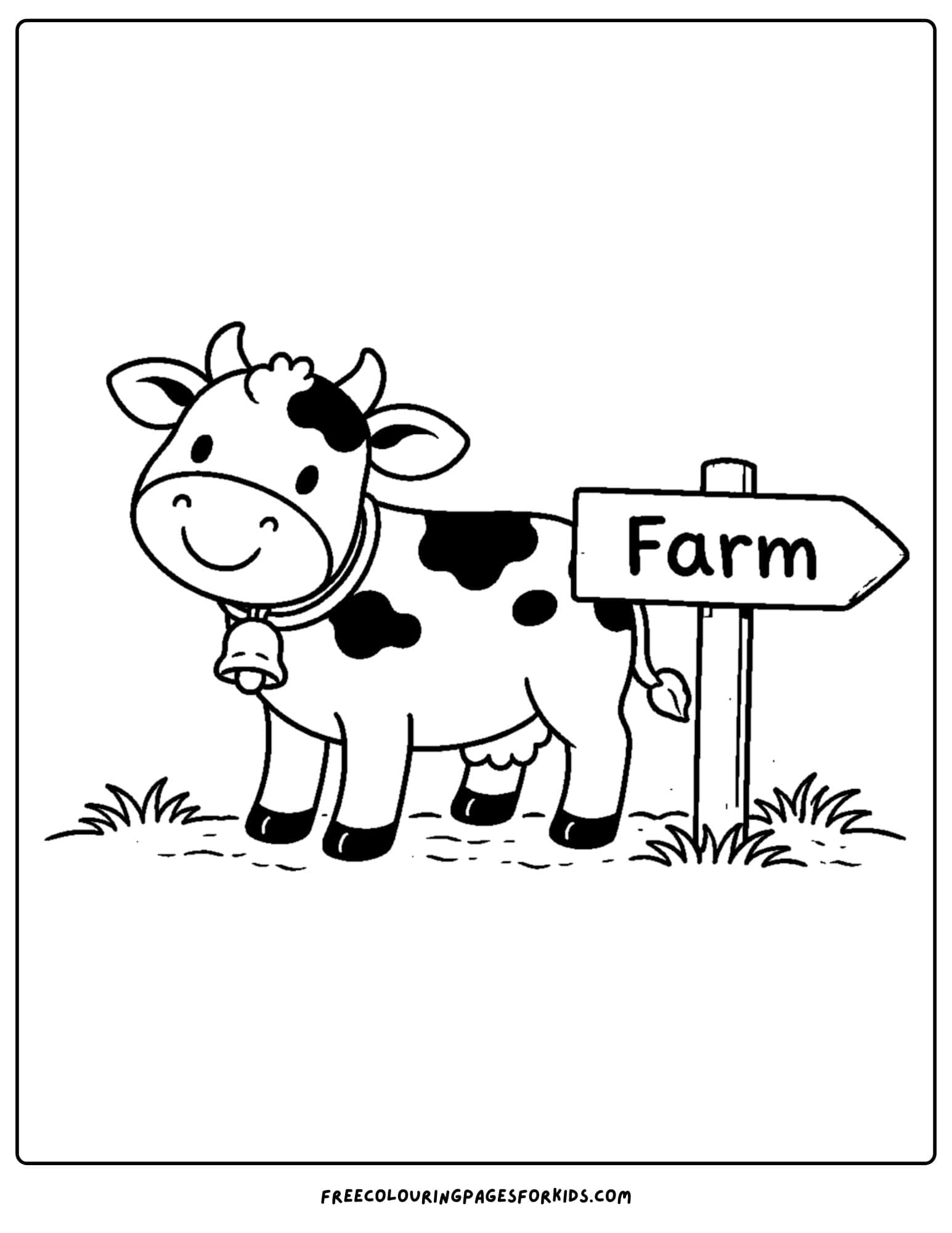 a kids cow coloring page featuring a cow standing next to a farm sign