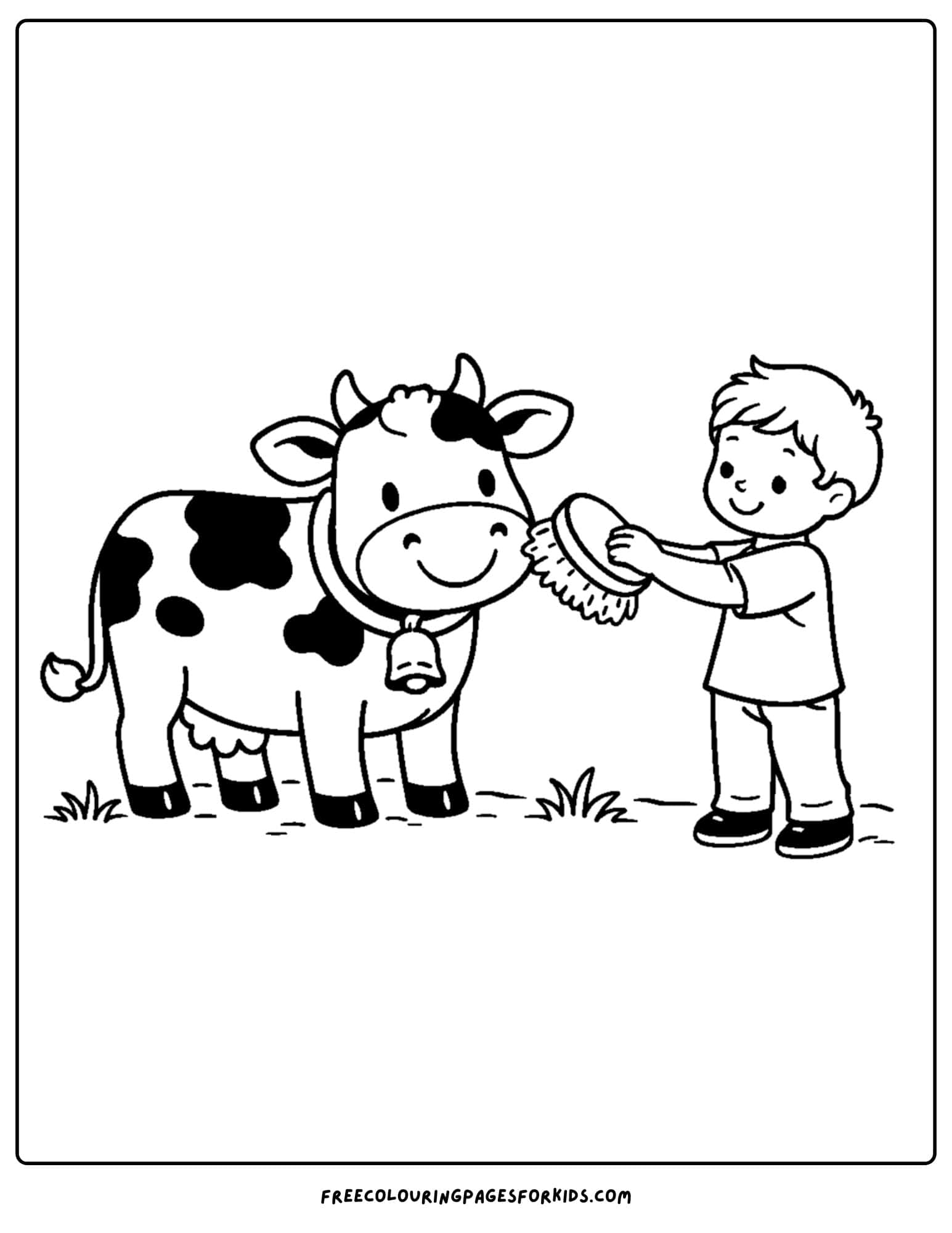 a kids cow coloring page featuring a cow being brushed by a child