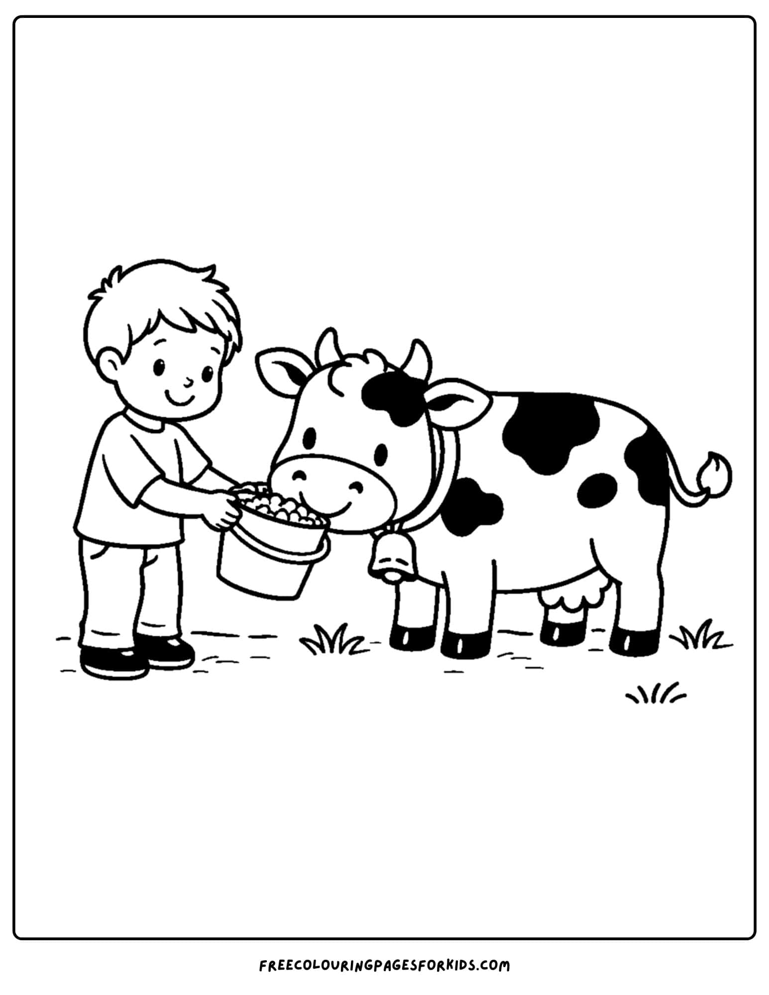 a kids cow coloring page featuring a cow being fed by a child