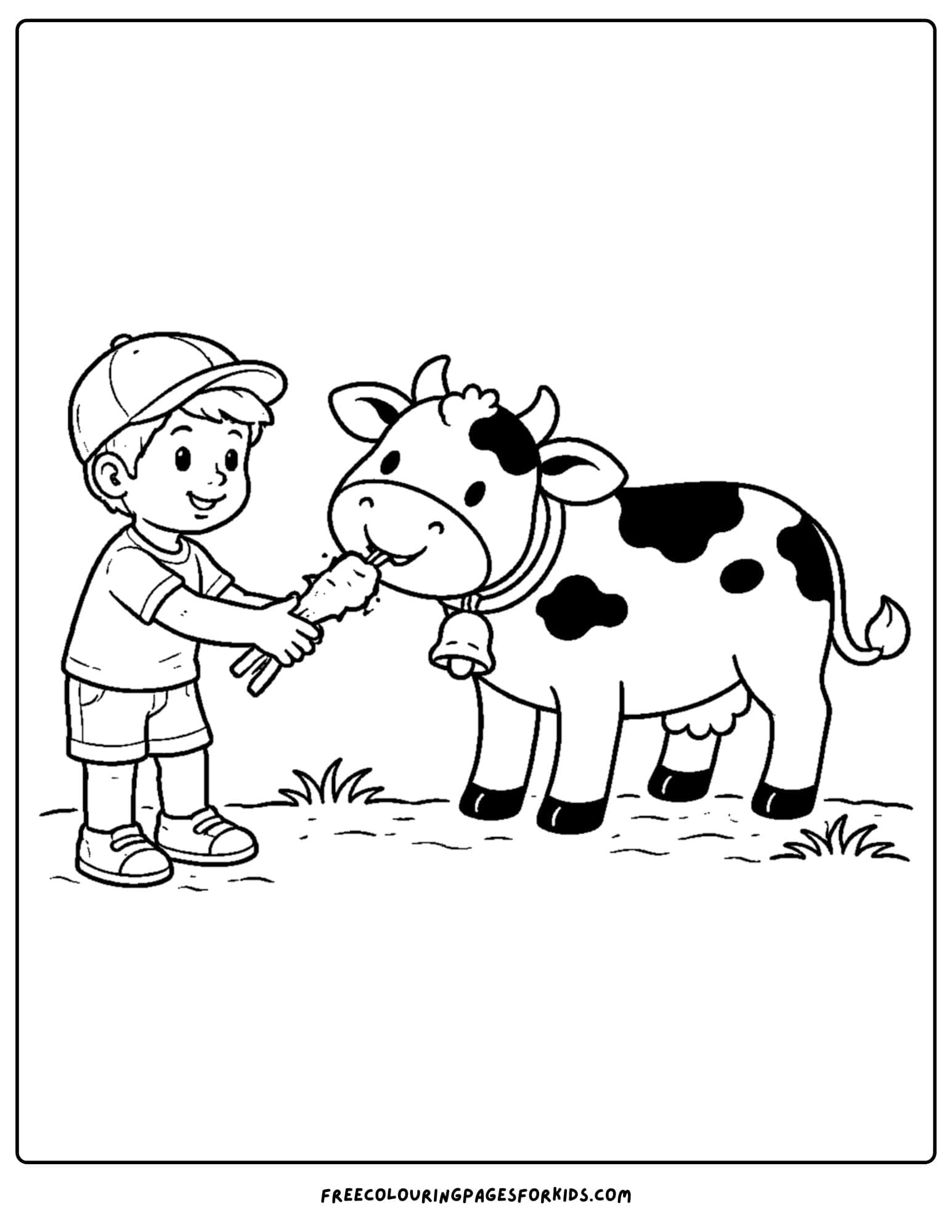 a kids cow coloring page featuring a cow being fed by a child