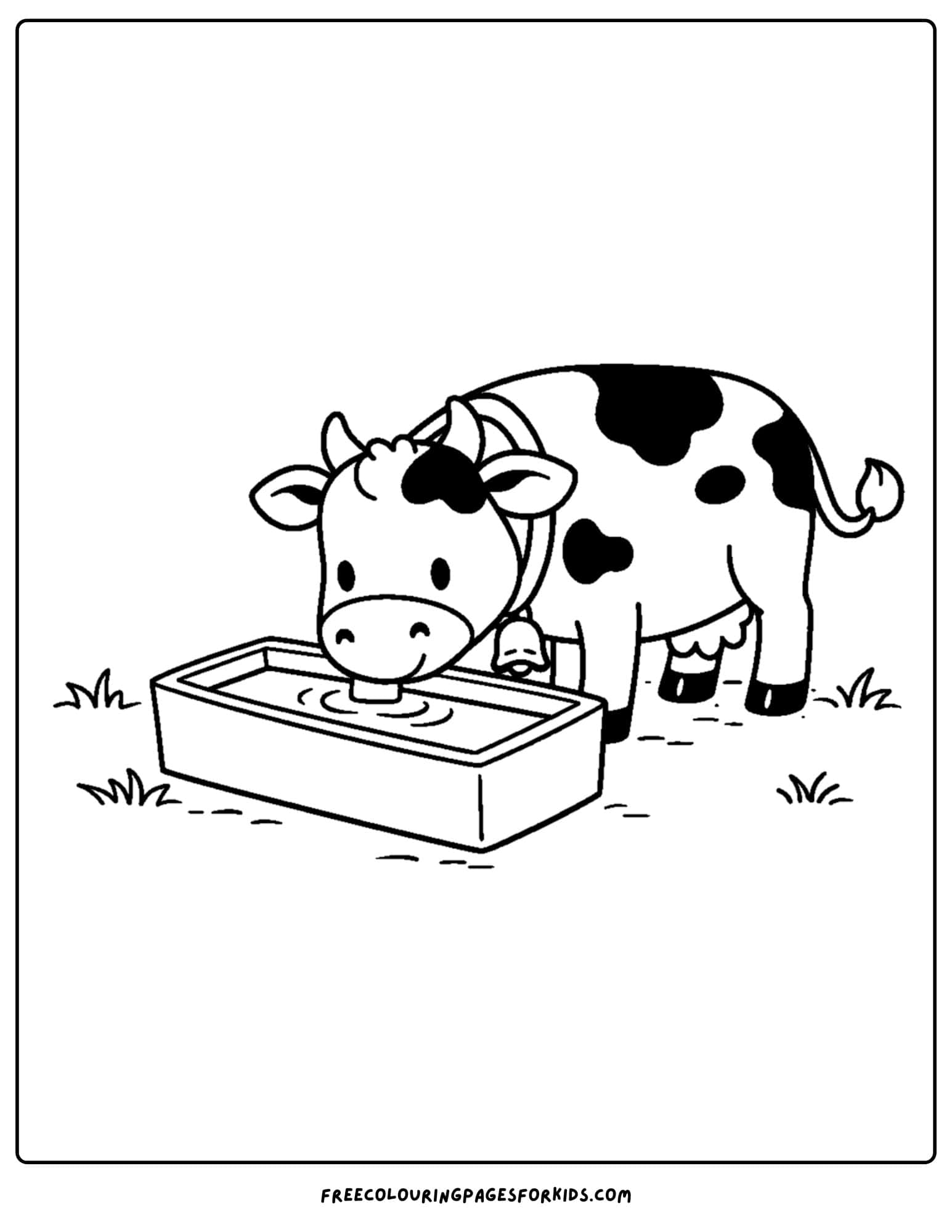 a kids cow coloring page featuring a cow drinking water from a trough