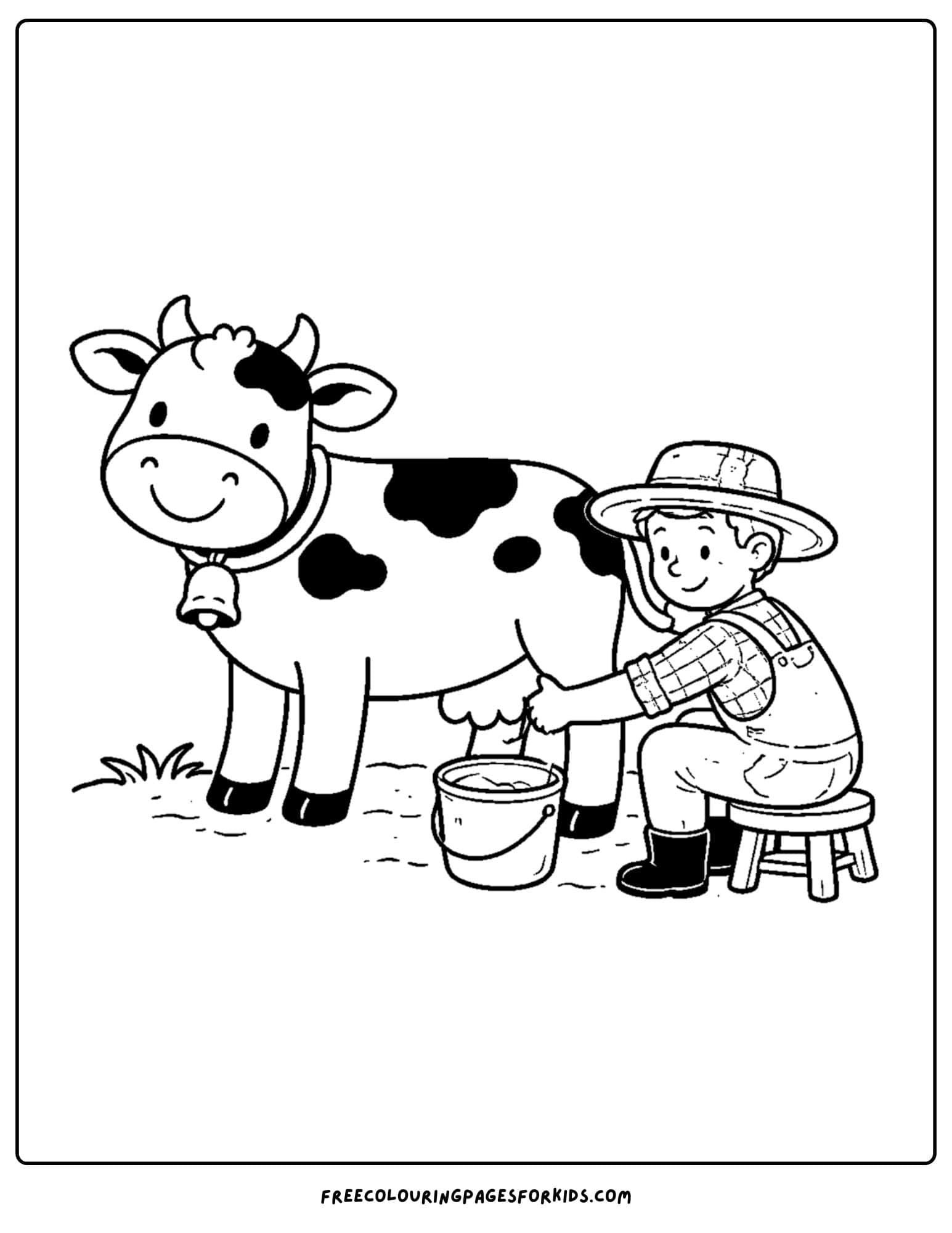 a kids cow coloring page featuring a cow being milked by a farmer