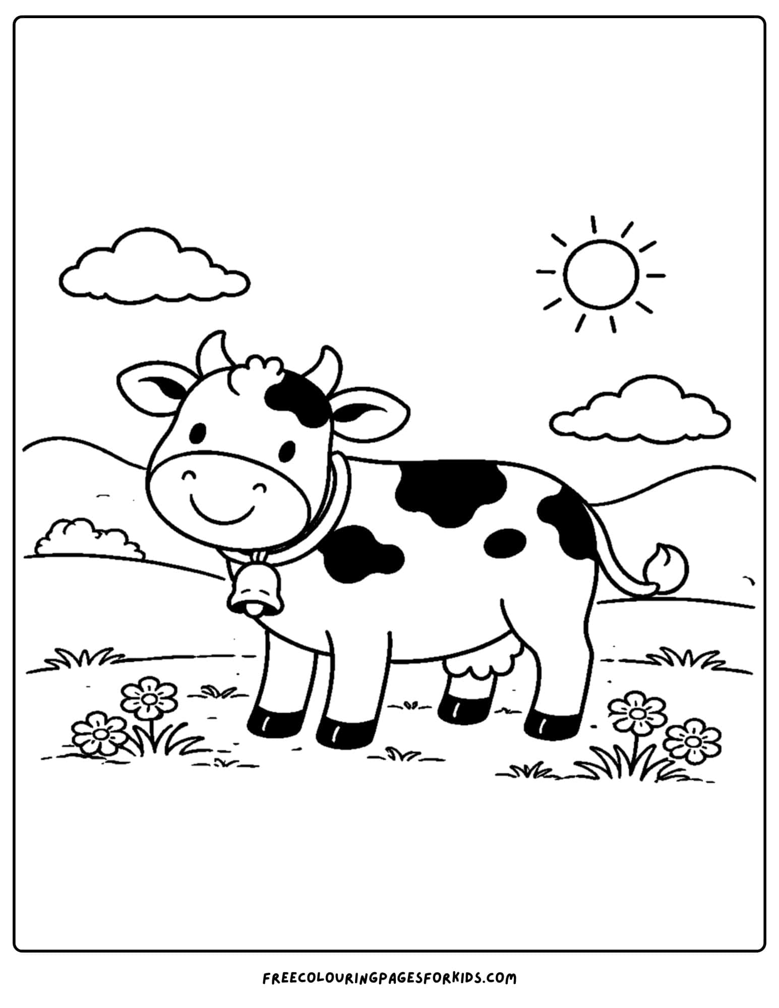 a kids cow coloring page featuring a cow in a meadow with hills behind it