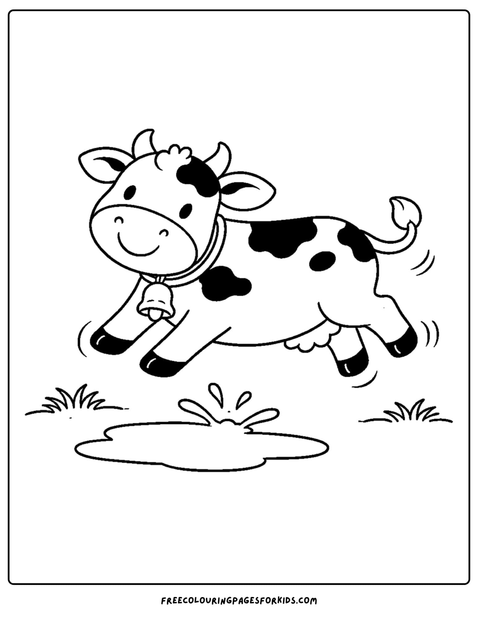 a kids cow coloring page featuring a cow jumping over a puddle