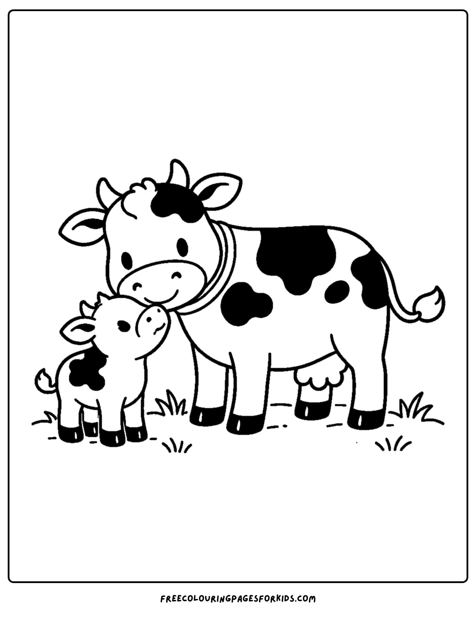 a kids cow coloring page featuring a cow nuzzling with a calf