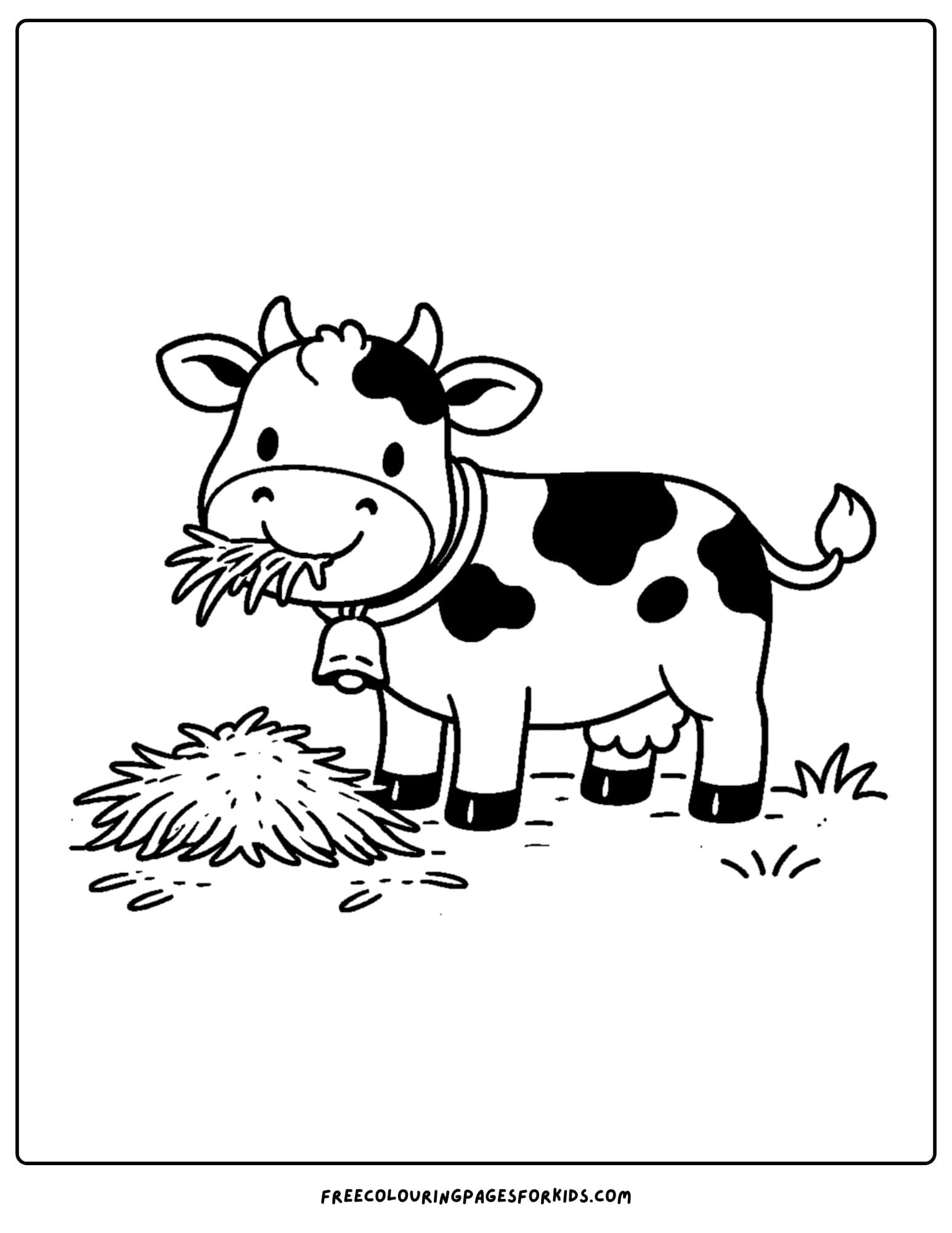 a kids cow coloring page featuring a cow eating some hay