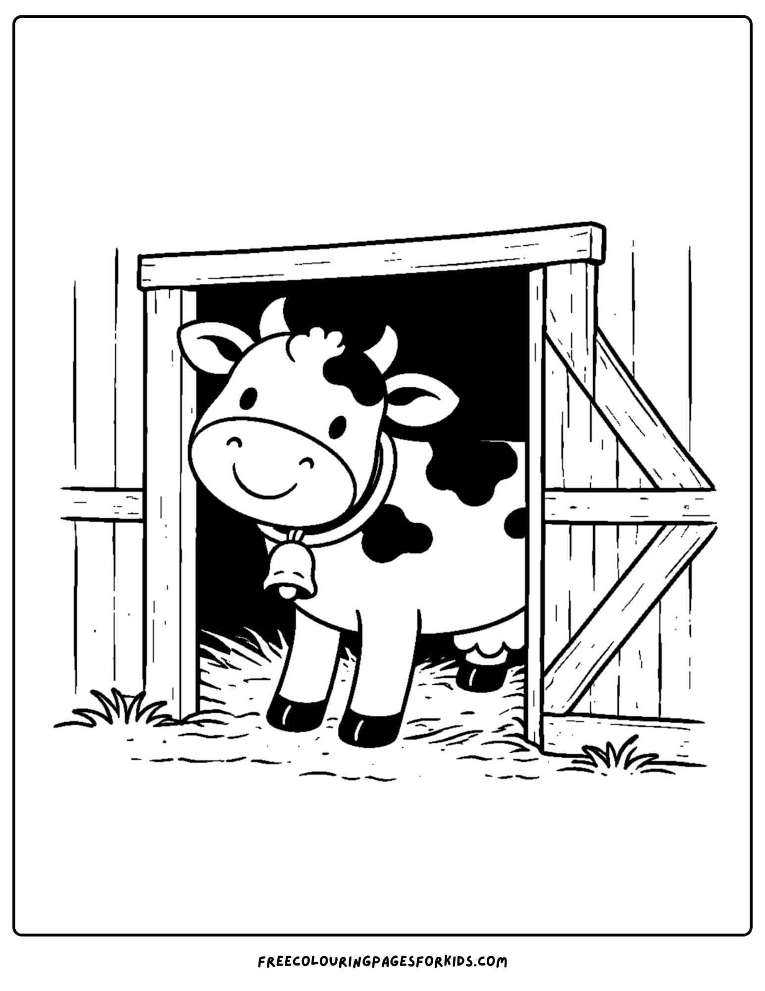 a kids cow coloring page featuring a cow peeking out of a barn door