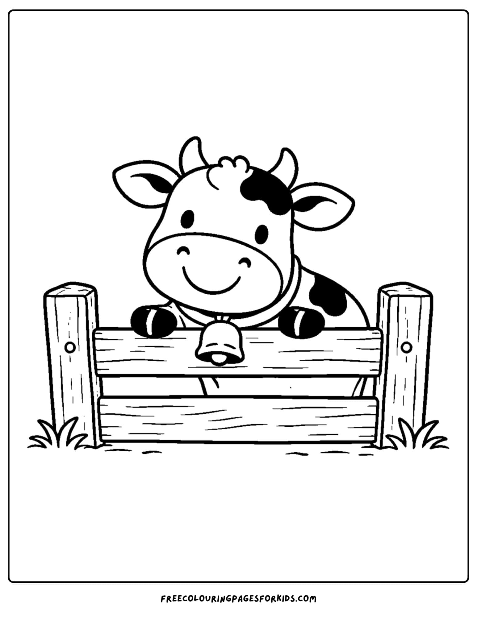 a kids cow coloring page featuring a cow looking over a fence