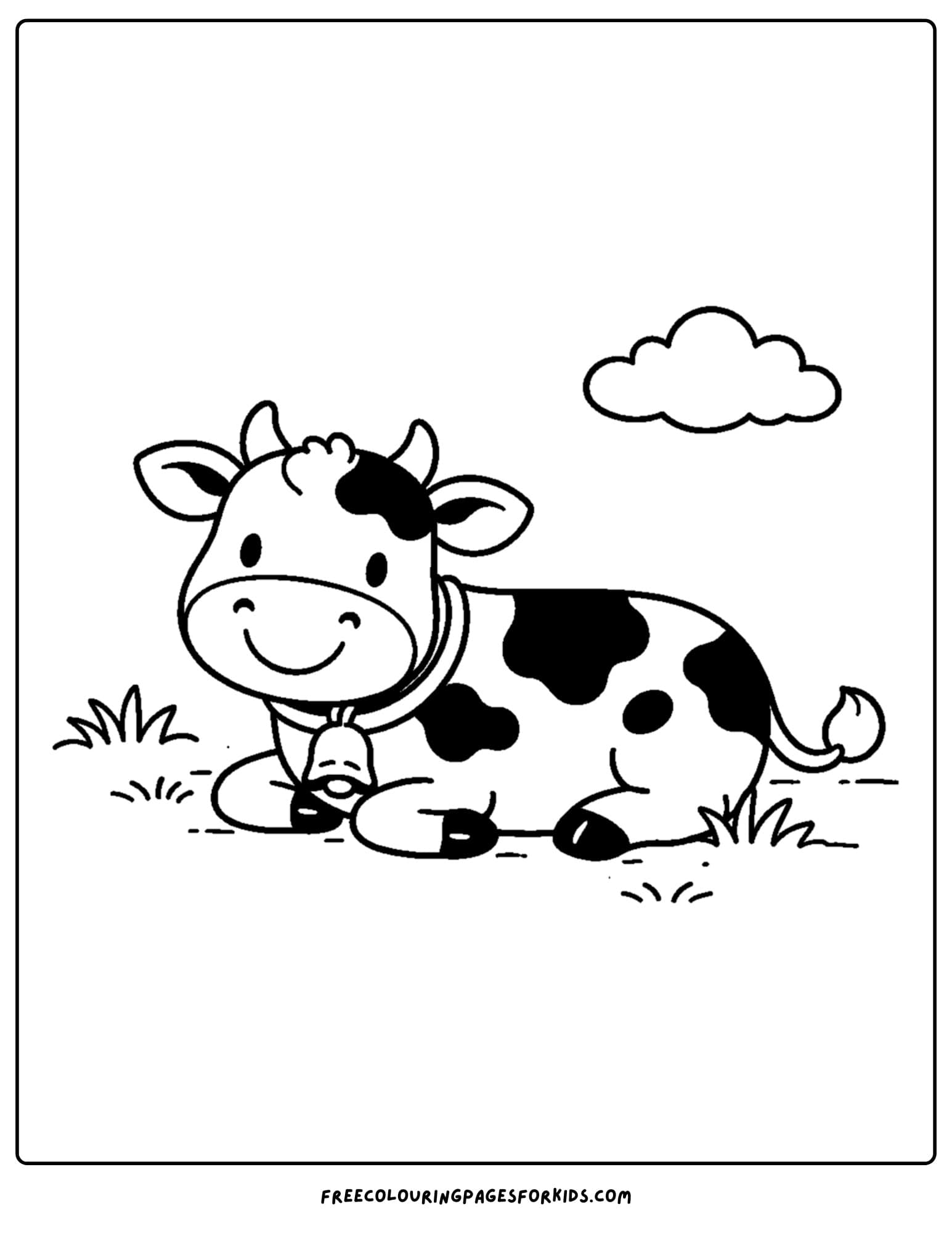 a kids cow coloring page featuring a cow laying down in a meadow
