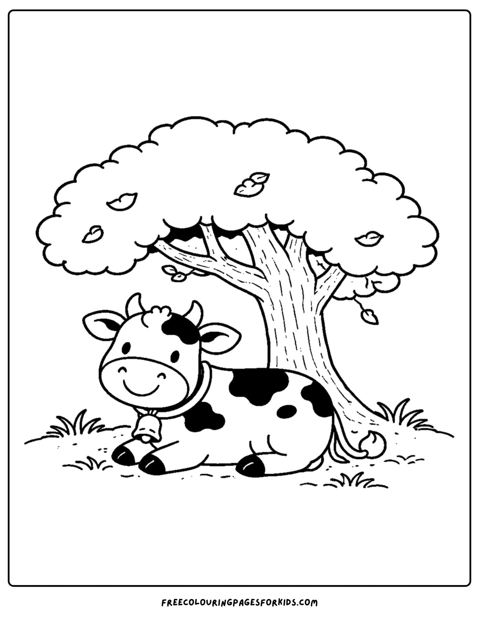 a kids cow coloring page featuring a cow under the shade of a tree