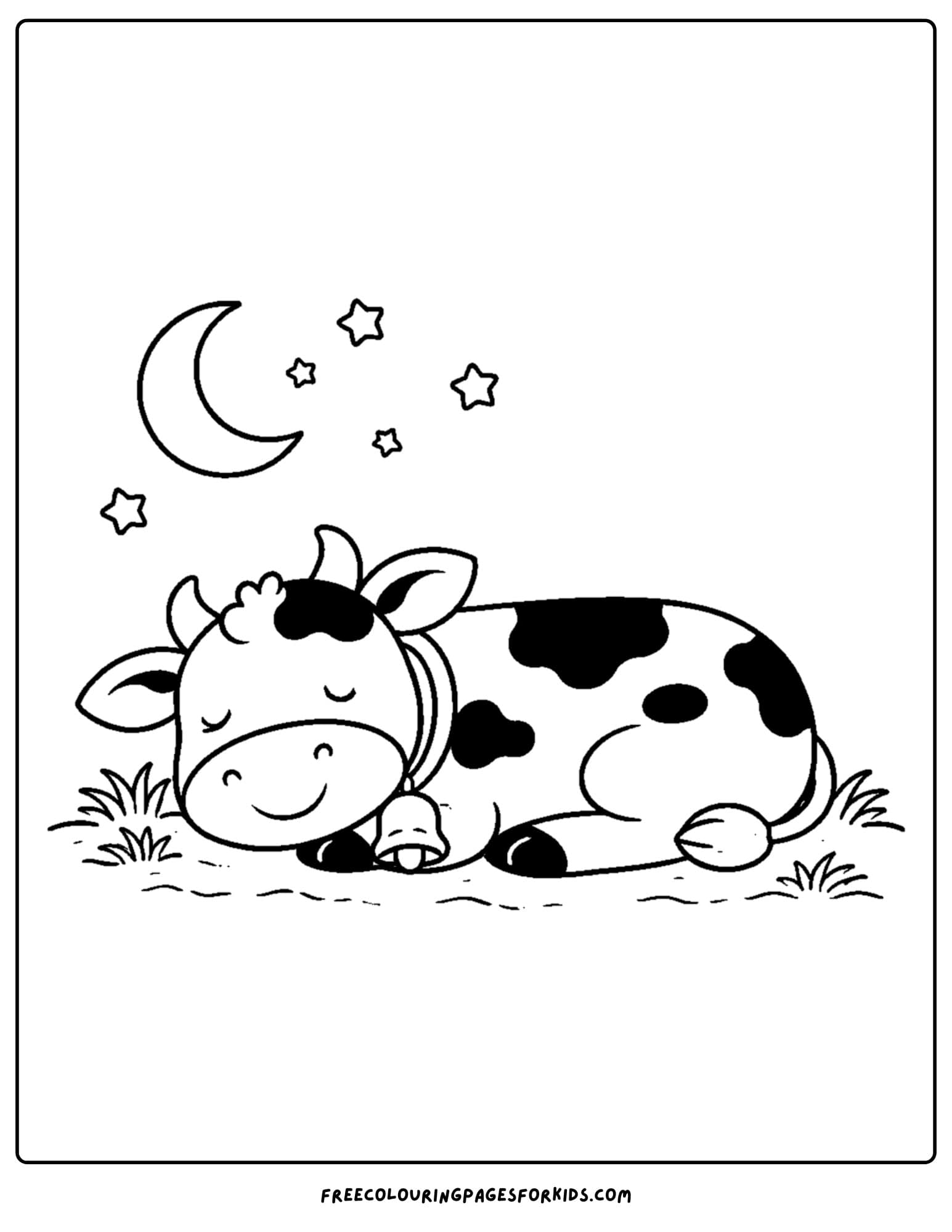 a kids cow coloring page featuring a cow sleeping under the stars and moon