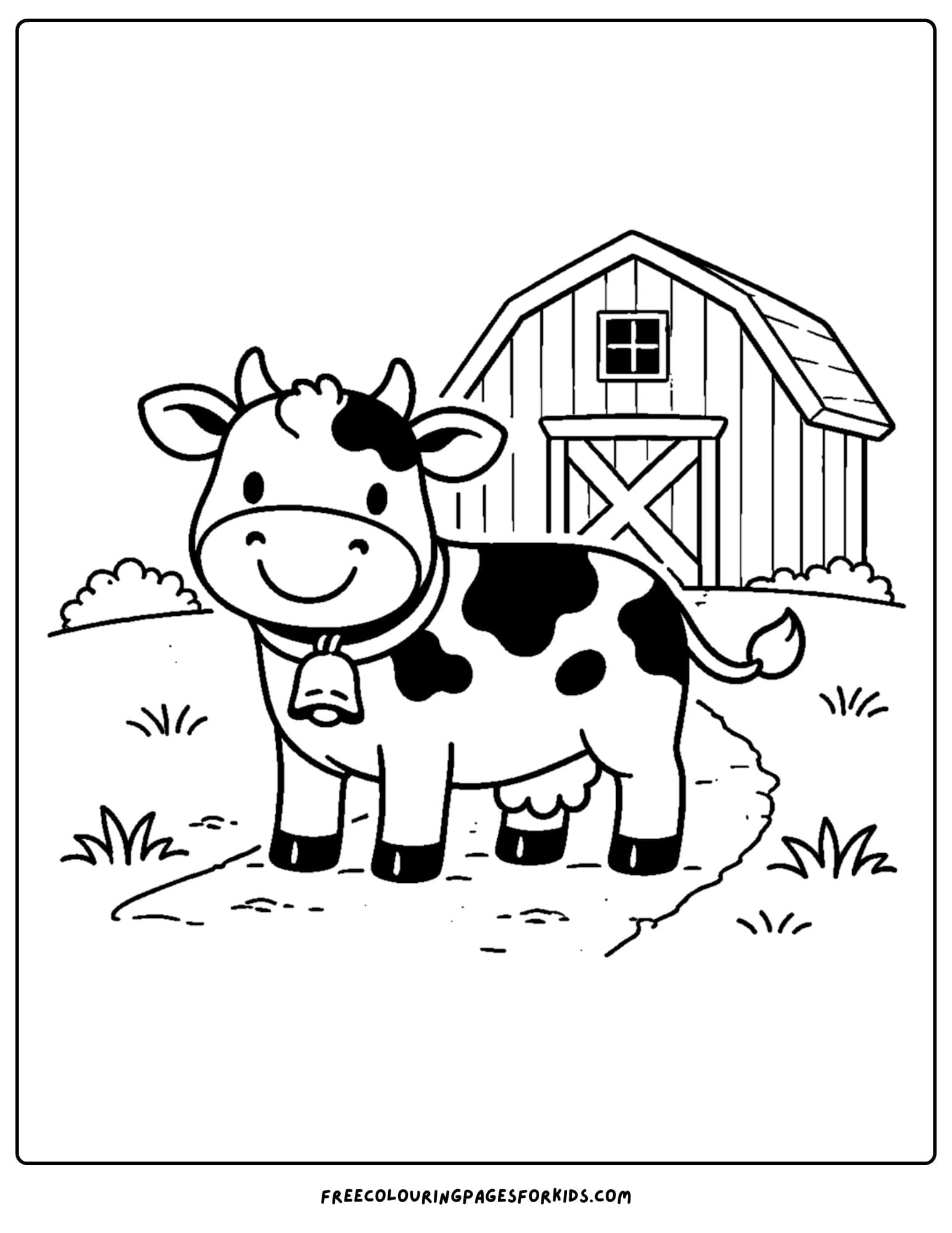a kids cow coloring page featuring a cow standing in front of a barn