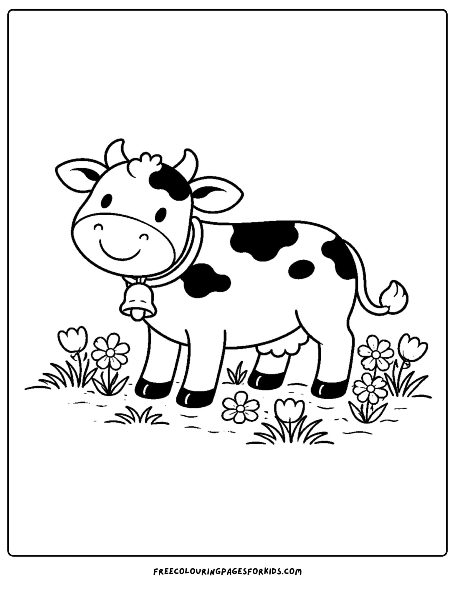 a kids cow coloring page featuring a cow standing in a flower meadow