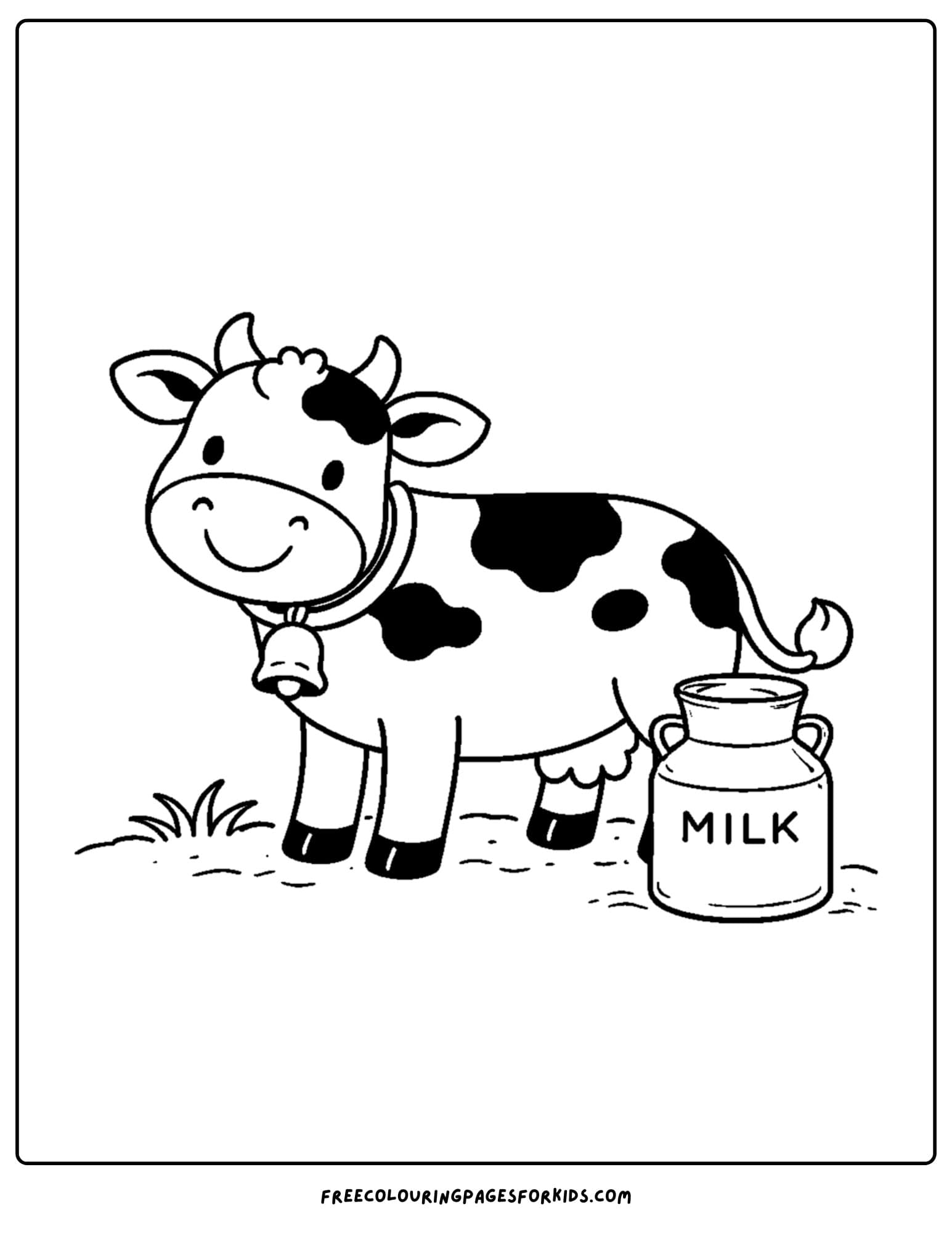 a kids cow coloring page featuring a cow next to a milk can