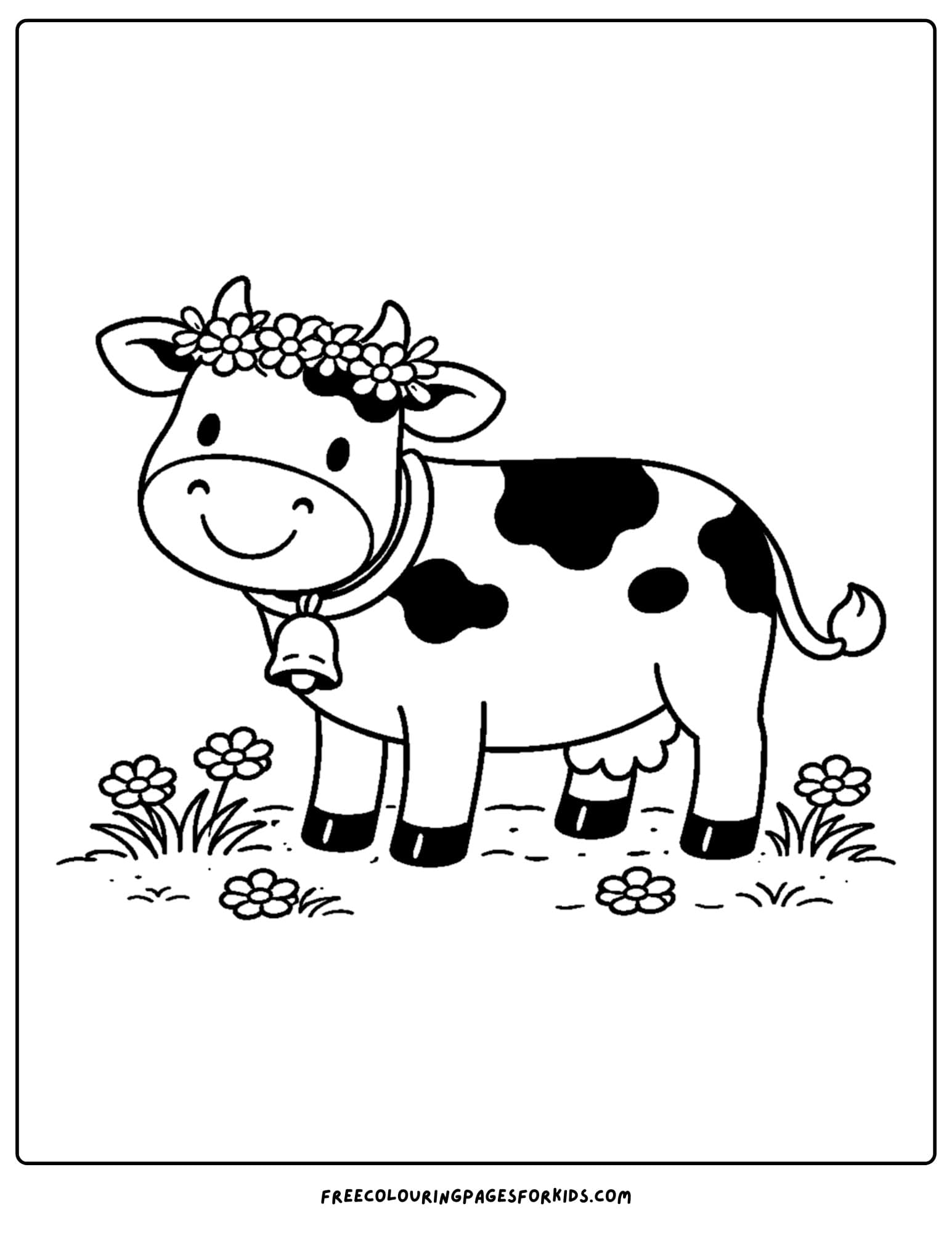 a kids cow coloring page featuring a cow wearing a flower crown