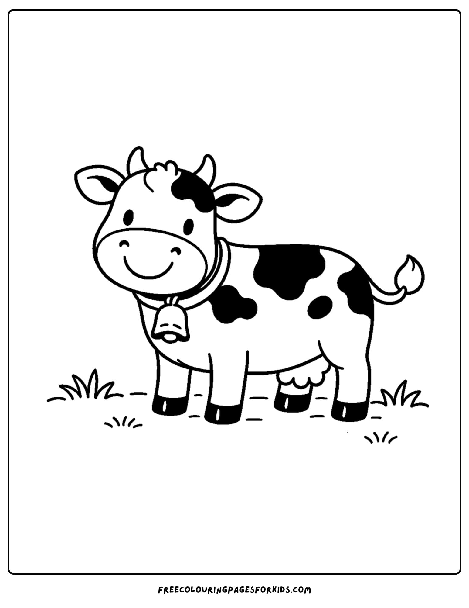 a kids cow coloring page featuring a cow wearing a bell around its neck