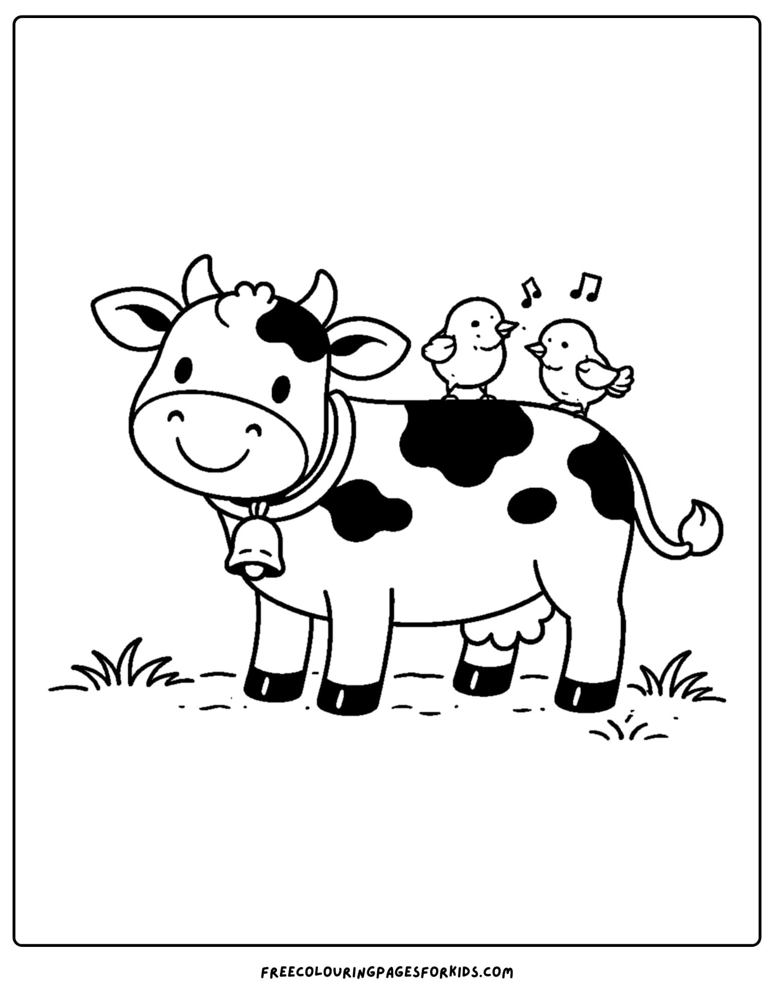 a kids cow coloring page featuring a cow with two birds on its back