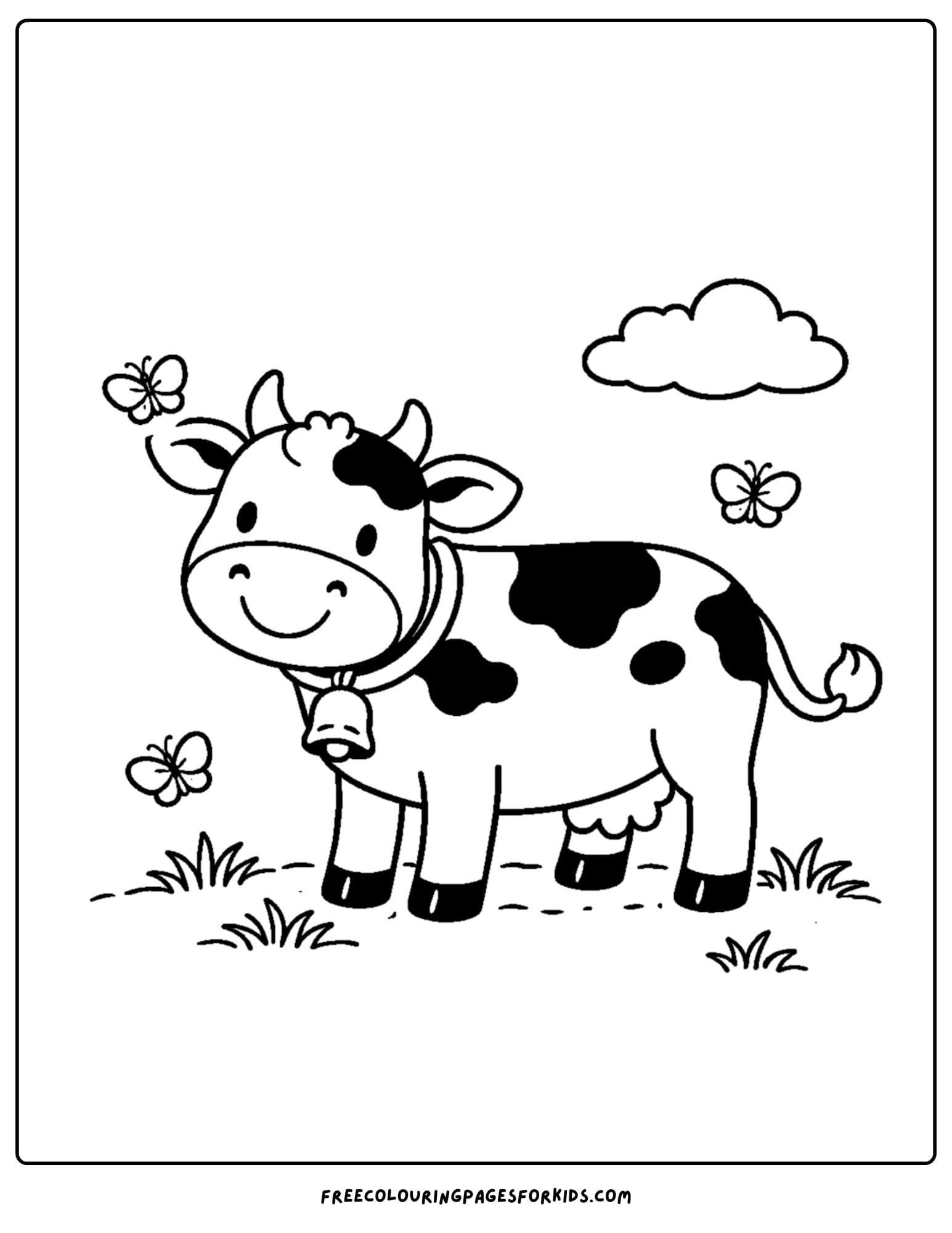 a kids cow coloring page featuring a cow standing with butterflies above it