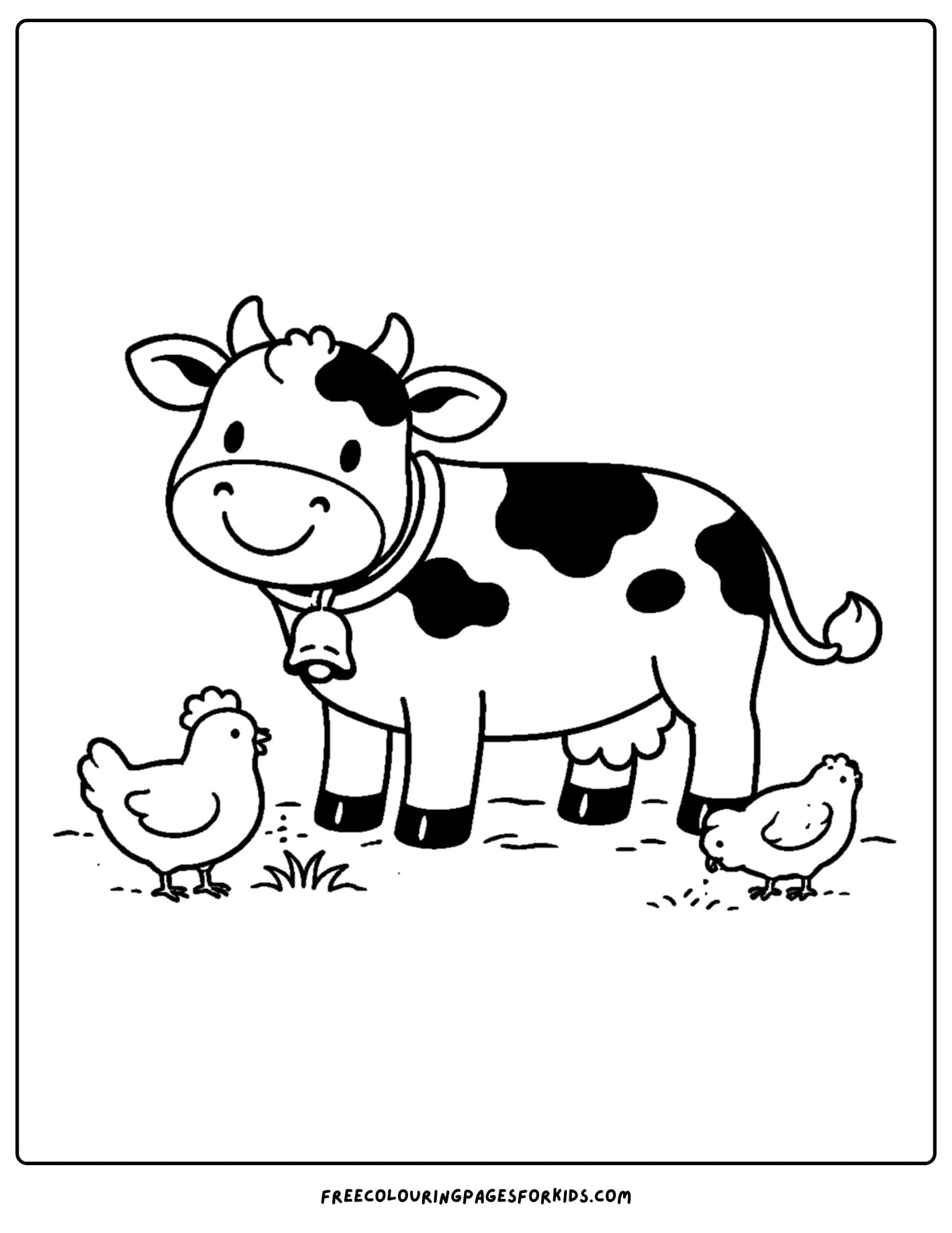 a kids cow coloring page featuring a cow with two chickens