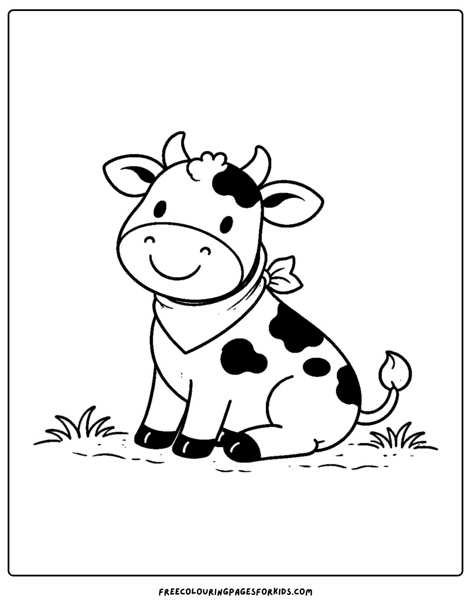 a kids cow coloring page featuring a cow with a bandana around its neck