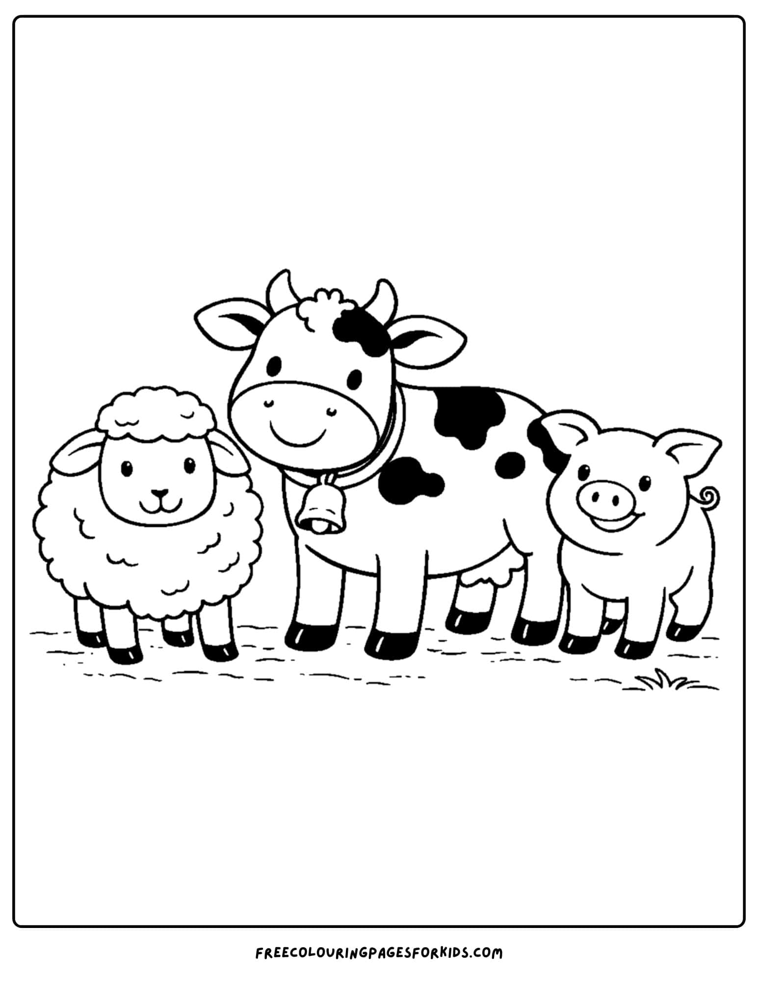 a kids cow coloring page featuring a cow with a pig and a sheep