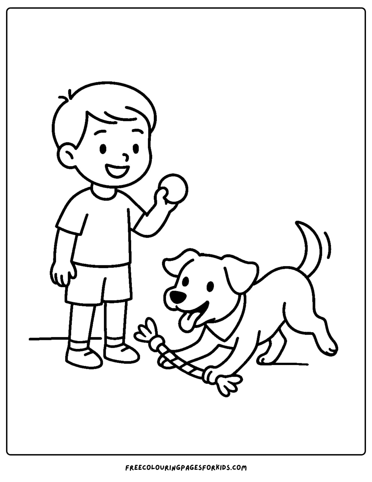 a dog themed coloring page featuring a dog and a child playing fetch with toys