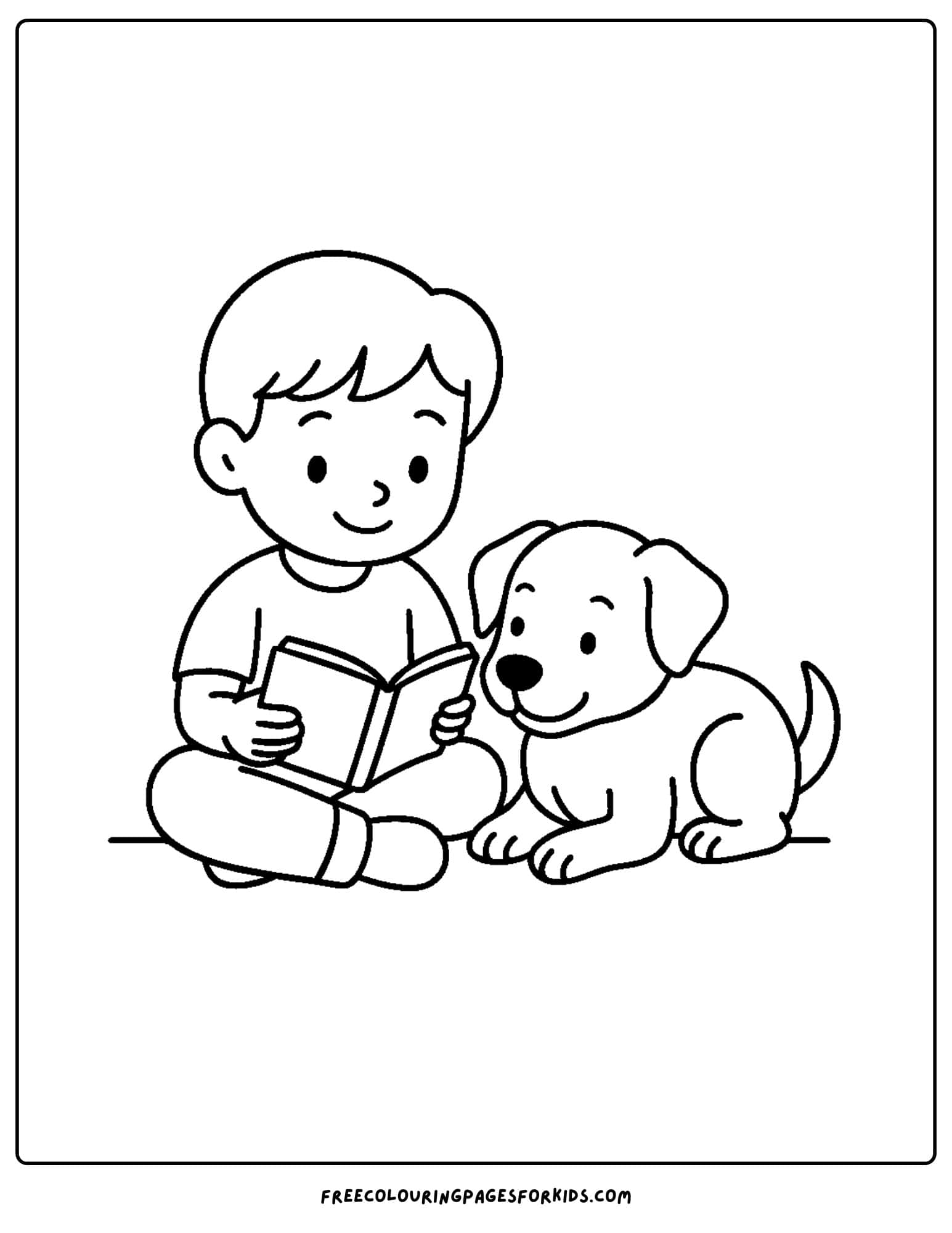 a dog themed coloring page featuring a dog sitting with a child while he reads a book