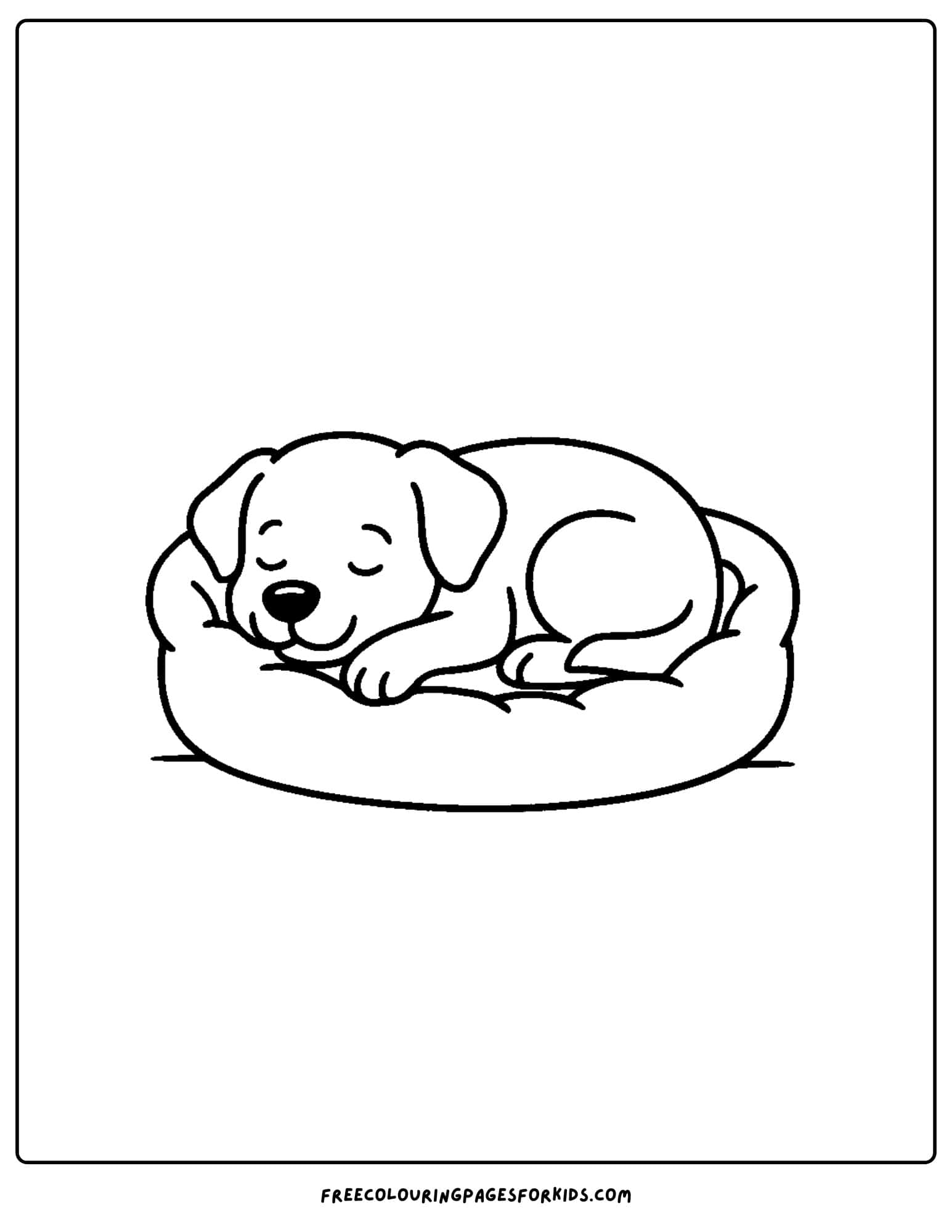 a dog themed coloring page featuring a dog sleeping curled up in a dog bed