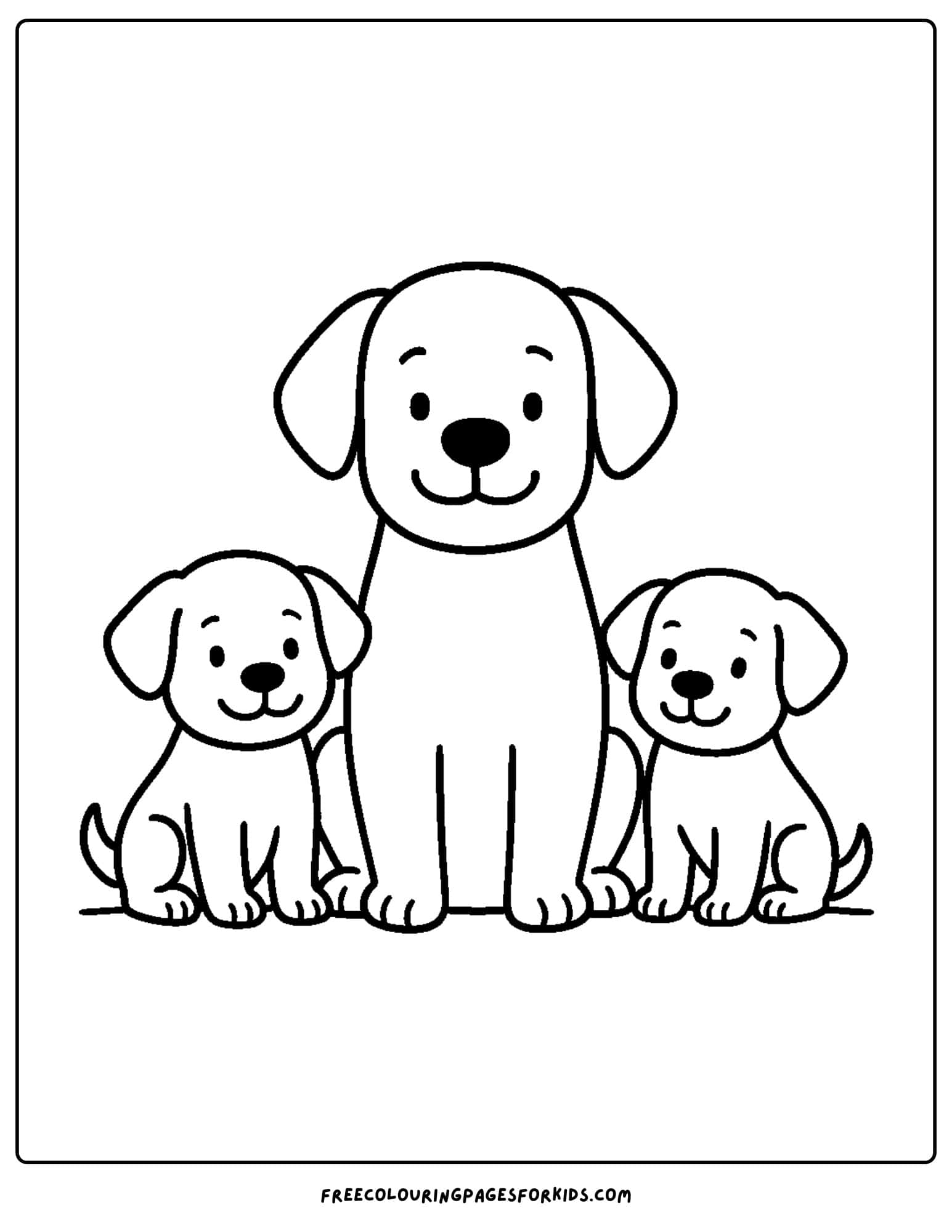 a dog themed coloring page featuring a dog with two puppies sitting one each side of it