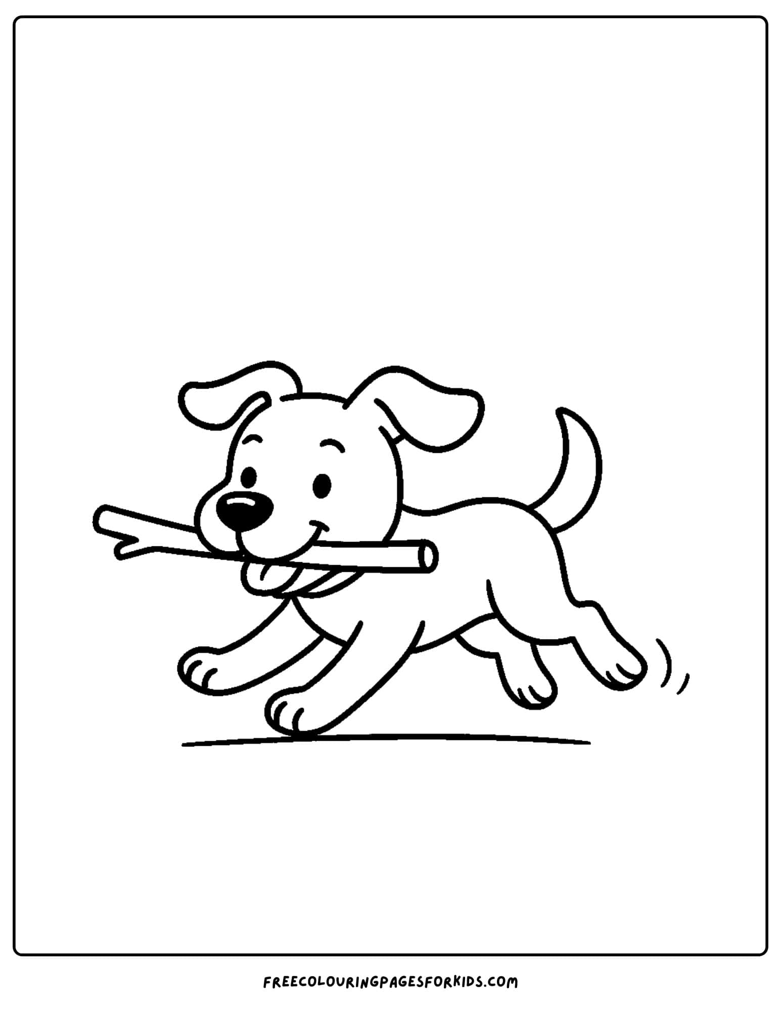 a dog themed coloring page featuring a dog running fast with a stick in its mouth