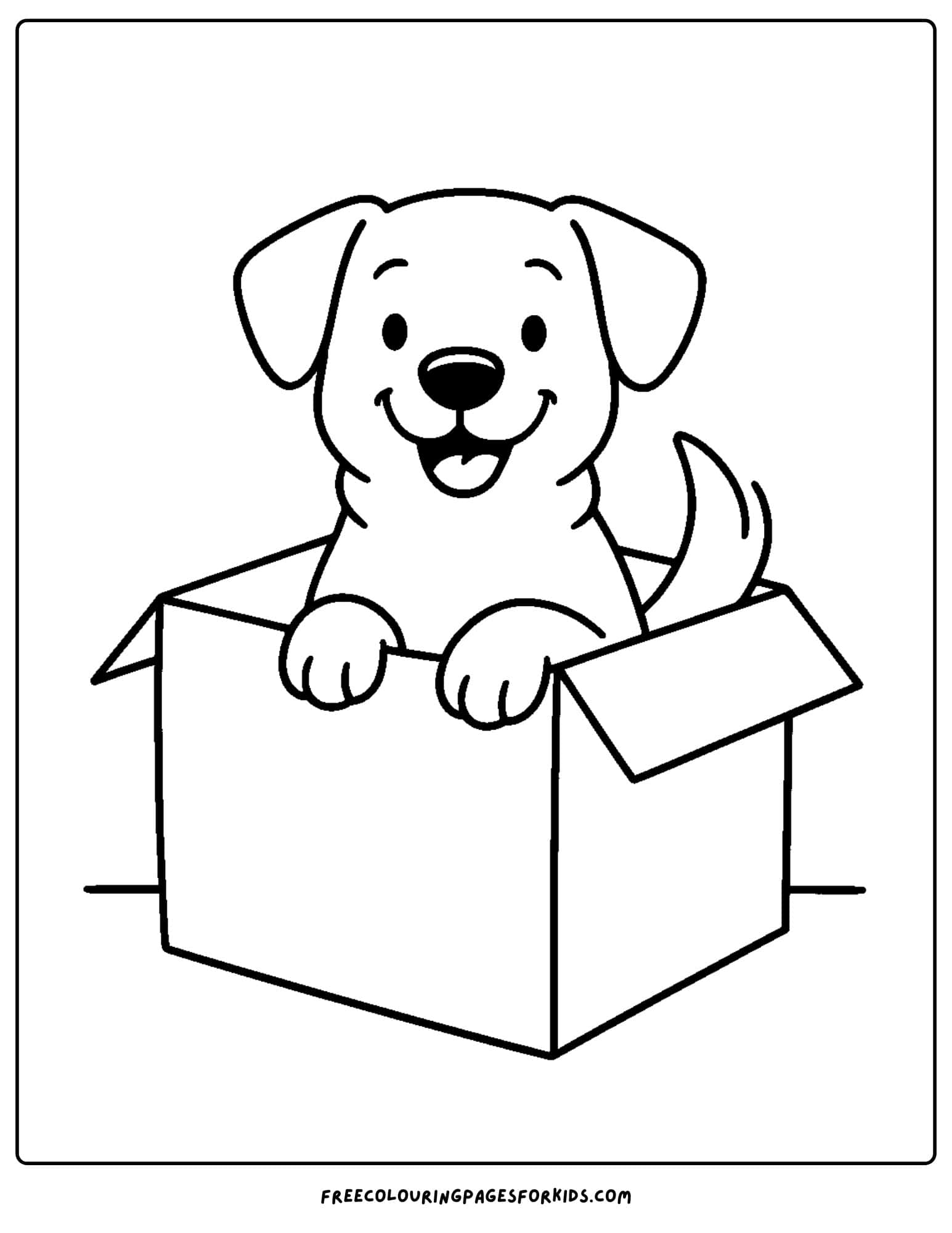 a dog themed coloring page featuring a dog smiling while sitting in a box