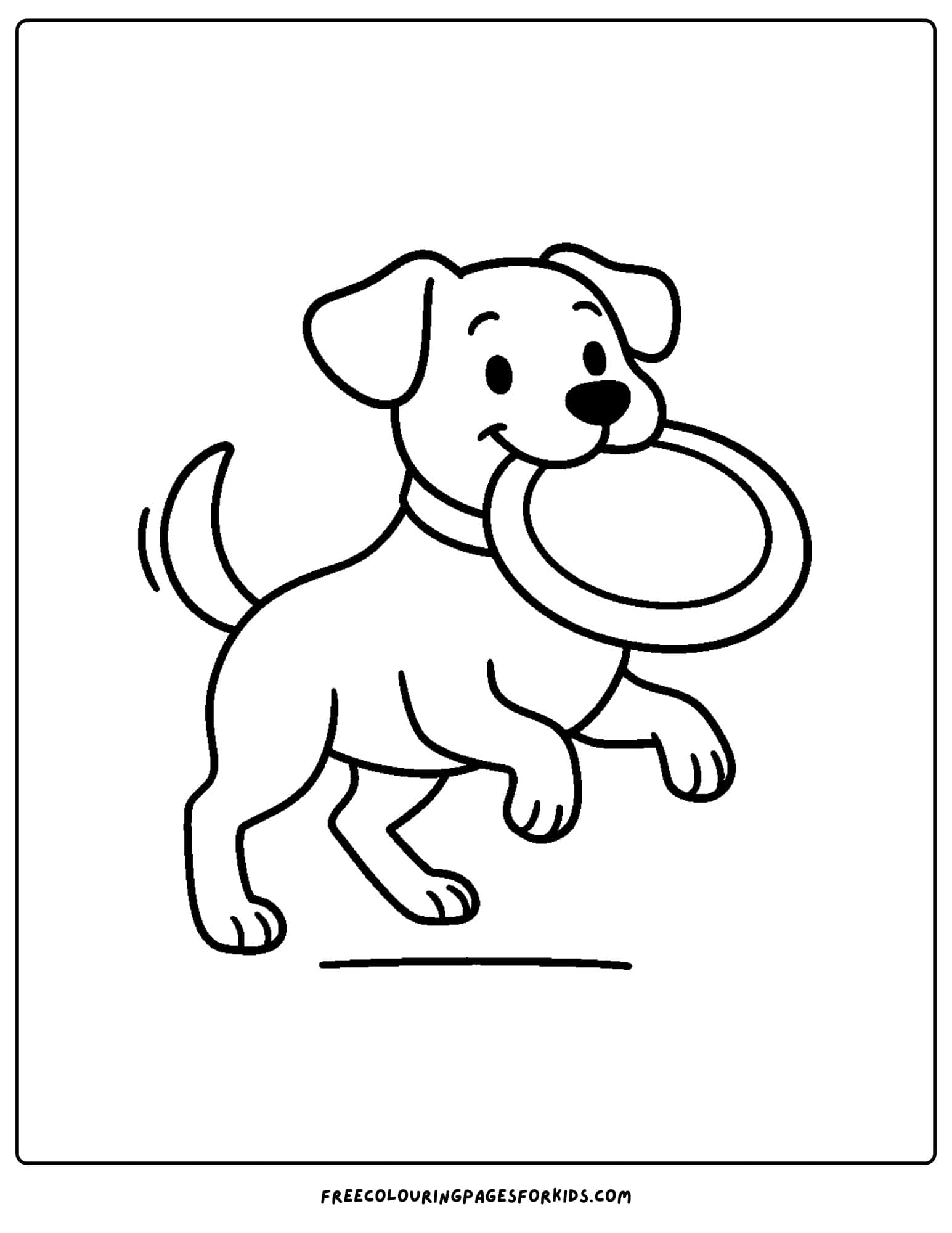 a dog themed coloring page featuring a dog catching a frisbee in its mouth
