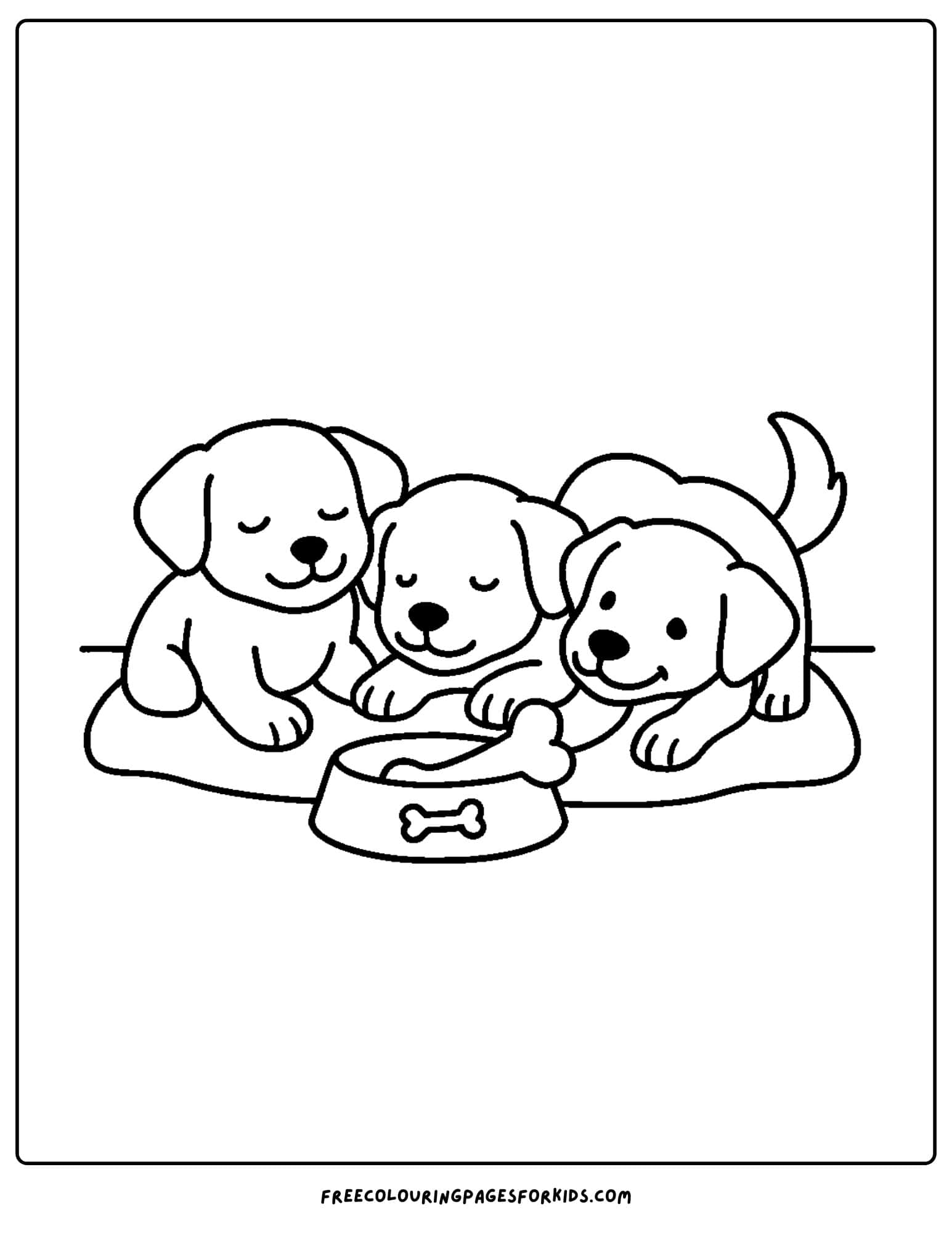 a dog themed coloring page featuring three puppies cuddles together