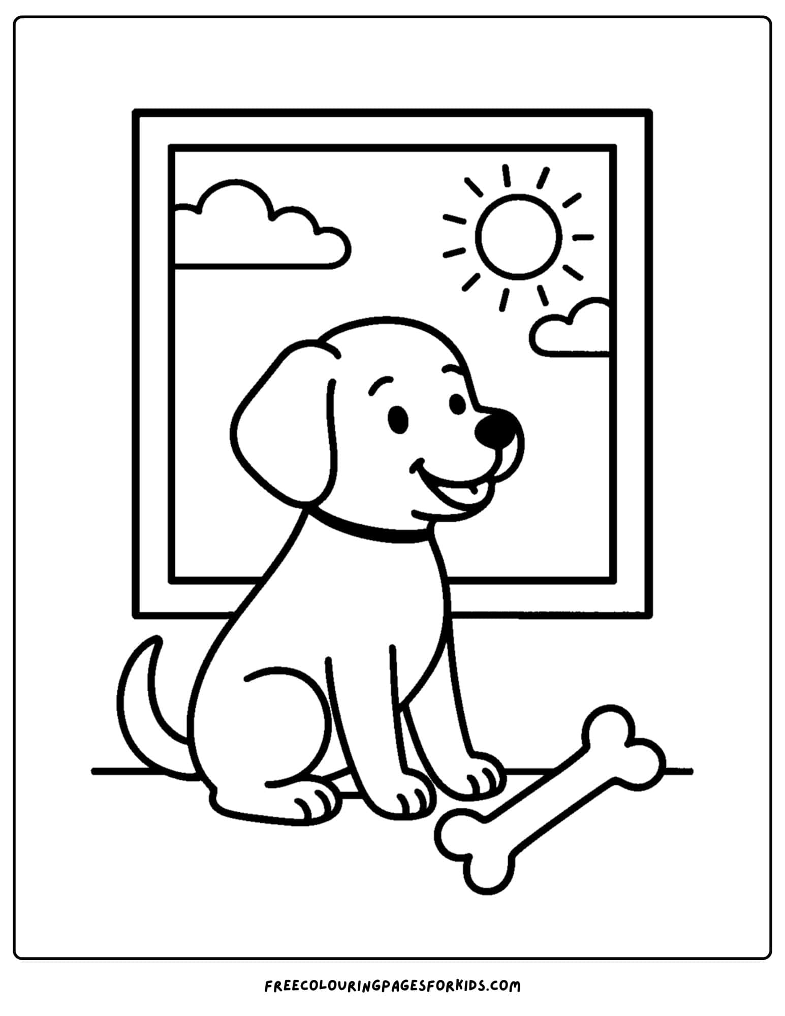 a dog themed coloring page featuring a dog sitting at a window looking outside at the sunny day