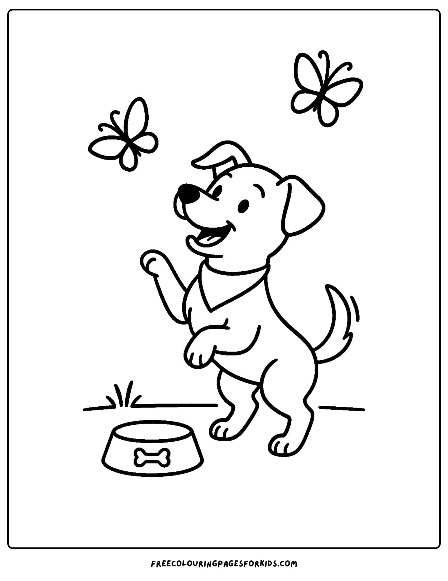 a dog themed coloring page featuring a dog jumping up on its back legs chasing butterflies