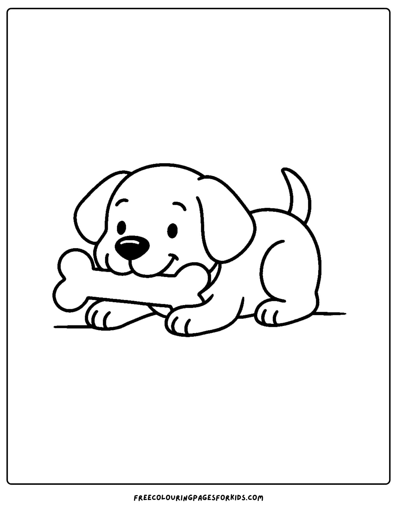 a dog themed coloring page featuring a dog laying down chewing on a big bone