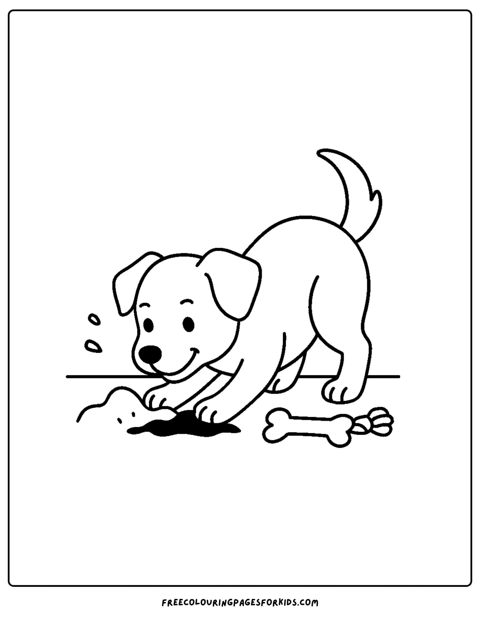 a dog themed coloring page featuring a dog digging a hold in the ground to bury its bone beside him