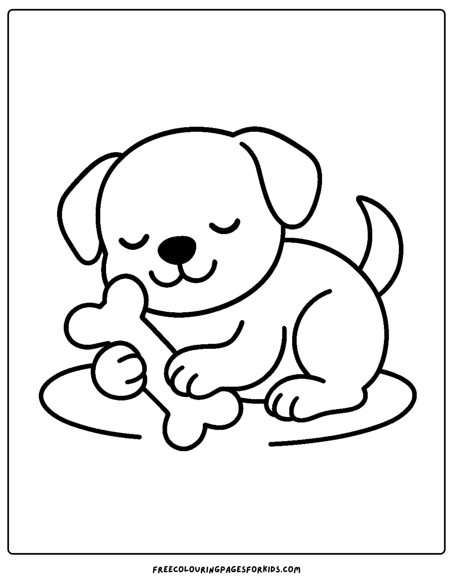 a dog themed coloring page featuring a dog cuddled up to its bone sleeping