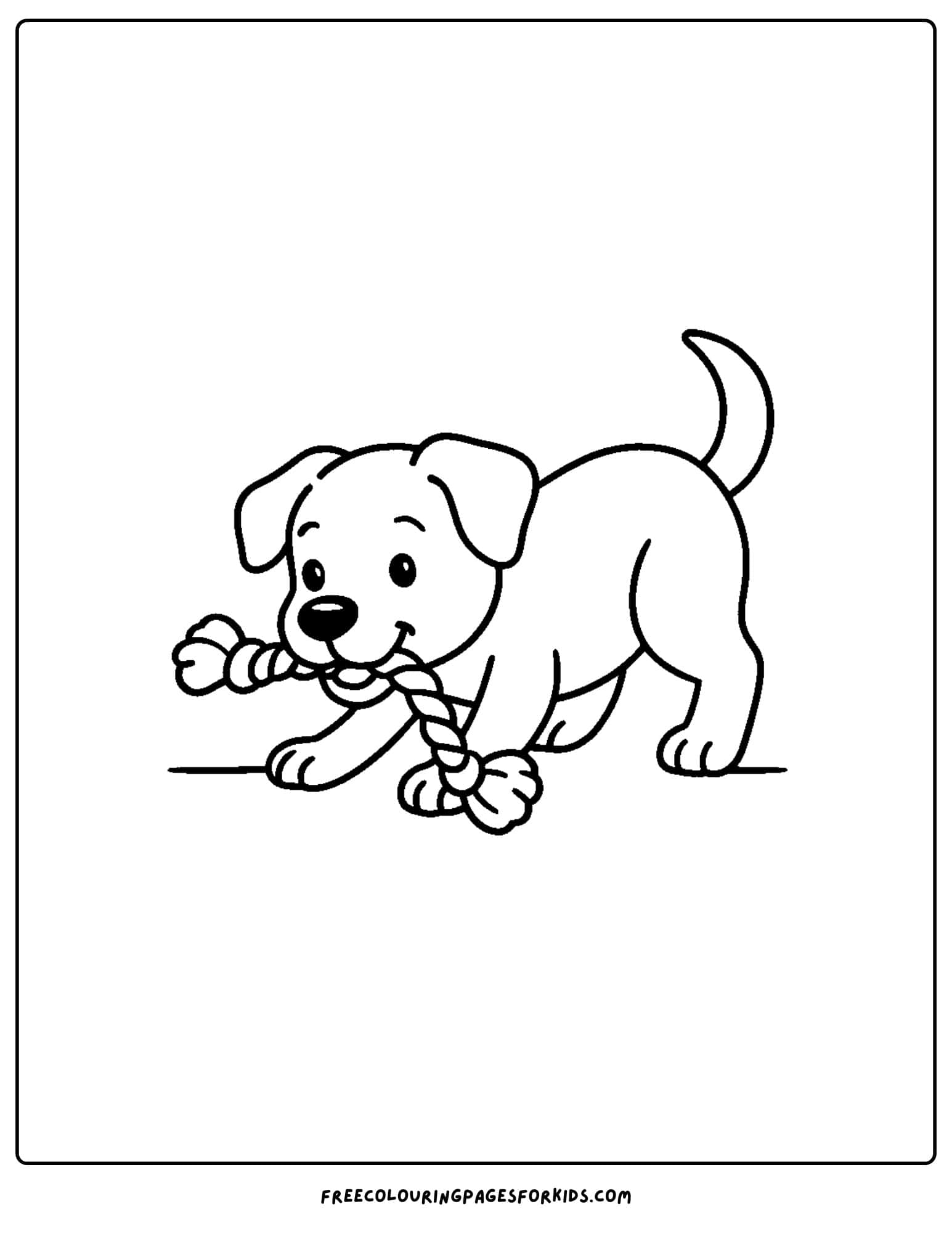 a dog themed coloring page featuring a puppy chewing on a rope toy